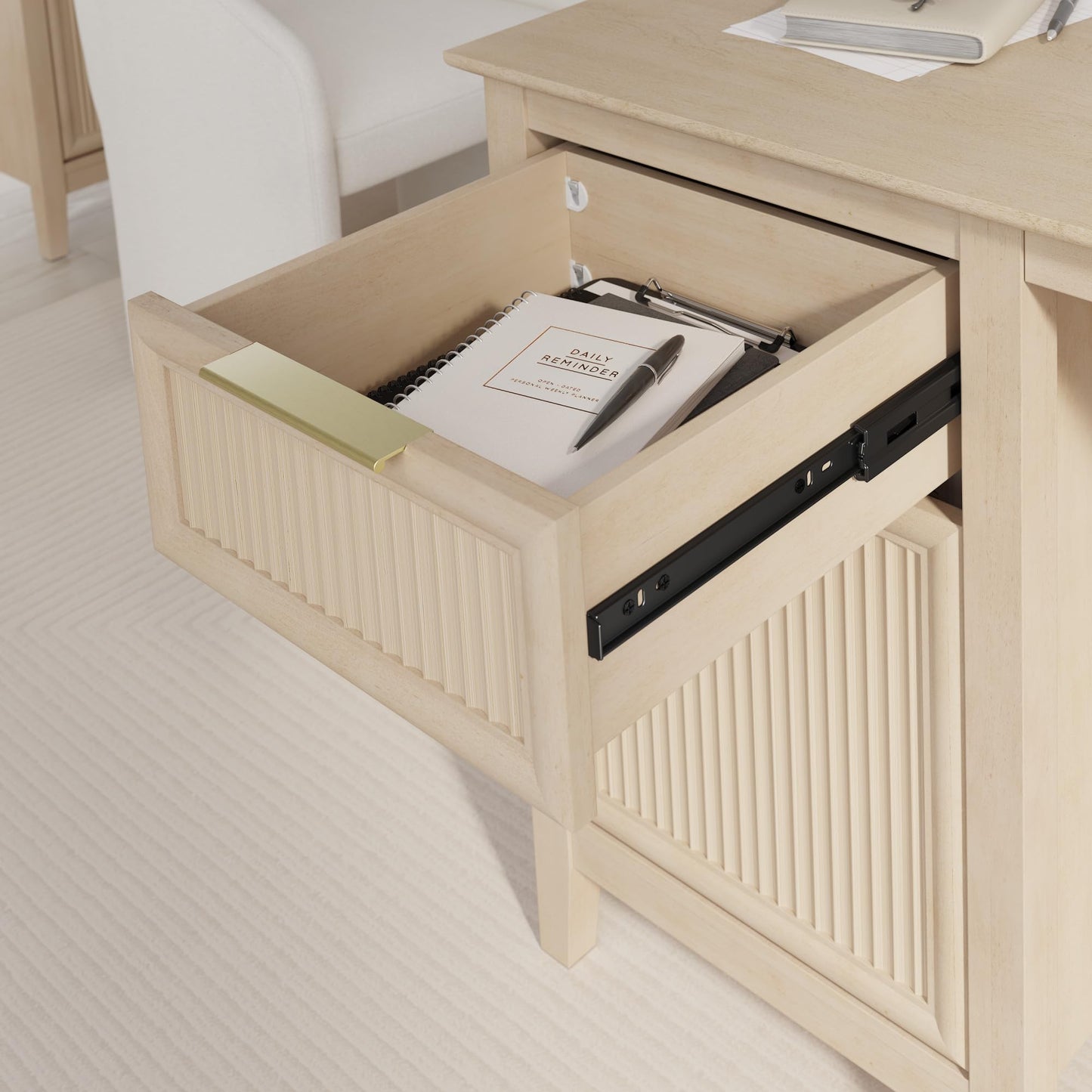 Bush Home 54-Inch Writing Desk with Storage, Fluted Computer Study Laptop Table Workstation with Spacious Drawer and Door Storage, Home Office Furniture, Make Up Vanity, Camille Collection, Onyx Birch