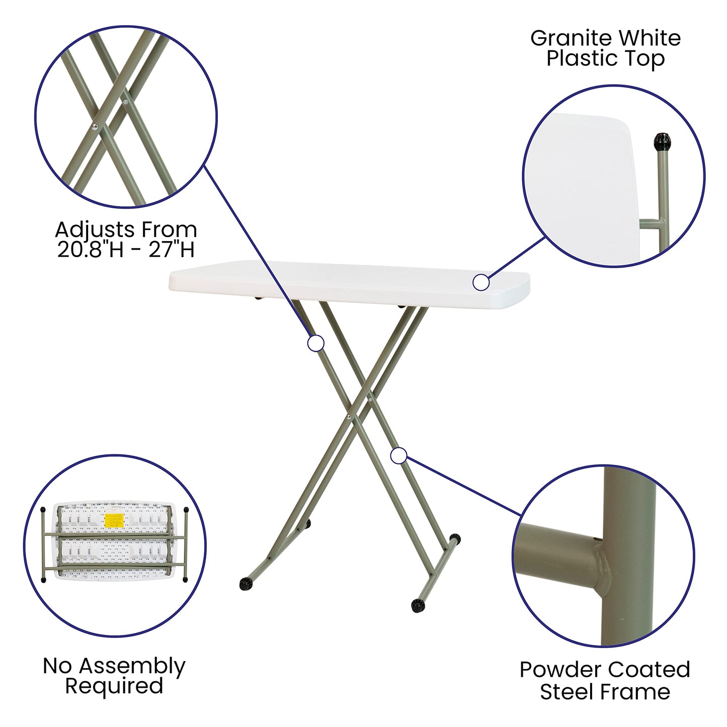 Flash Furniture Elon Folding Table - Granite White - Height Adjustable - 30 Inch - TV Tray - Commercial Grade Laptop Table