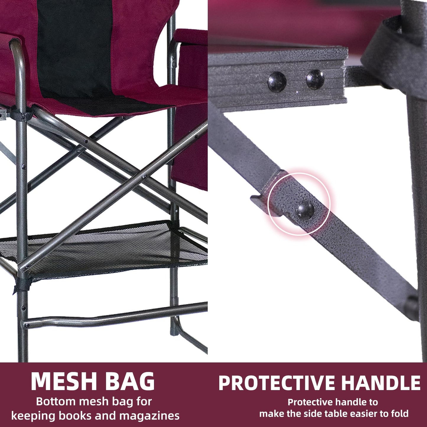 Foristrail 30" Tall Directors Chair with Side Table, 400LBS Bar Height Folding Camping Chair for Makeup Artists, Outdoor Events, Portable Foldable Chair with Cup Holder & footrest - Wine Red/Black