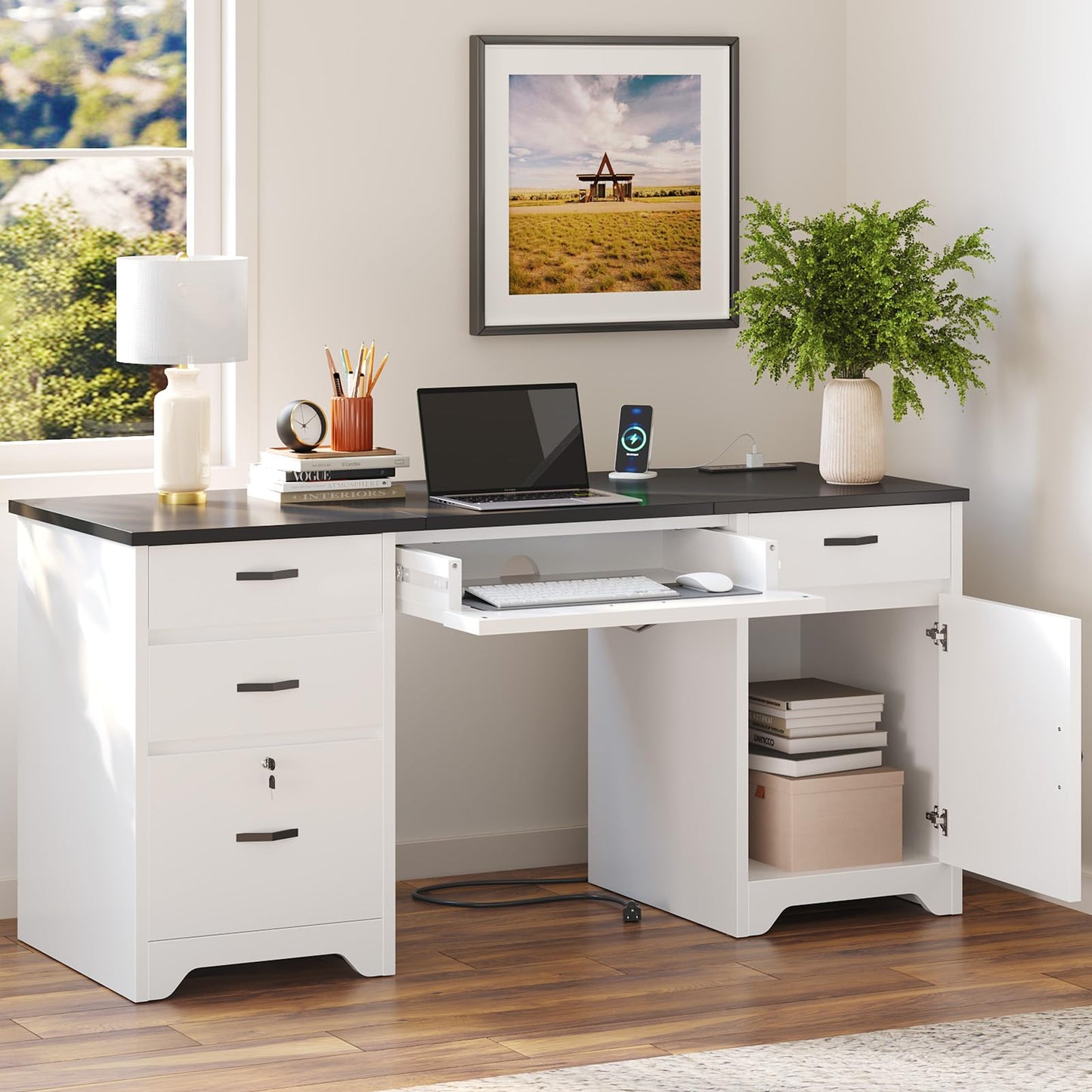 Bestier 59” Office Desk with Lockable Drawers, Modern Computer Desk with File Drawer, Charging Station & Drop-Front Keyboard Drawer, Executive Desk with Storage Cabinet for Home Office & Studio, White