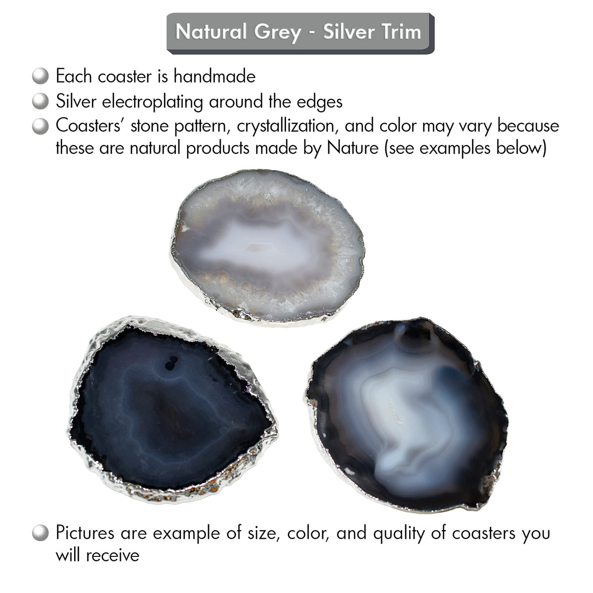 Nature's Decorations Natural Agate Stone Coasters with Real Silver Edge - Set of 4 Polished Geode Drink Mats for Dining & Coffee Table & Kitchen Decor No Dye 3.5-4" Diameter
