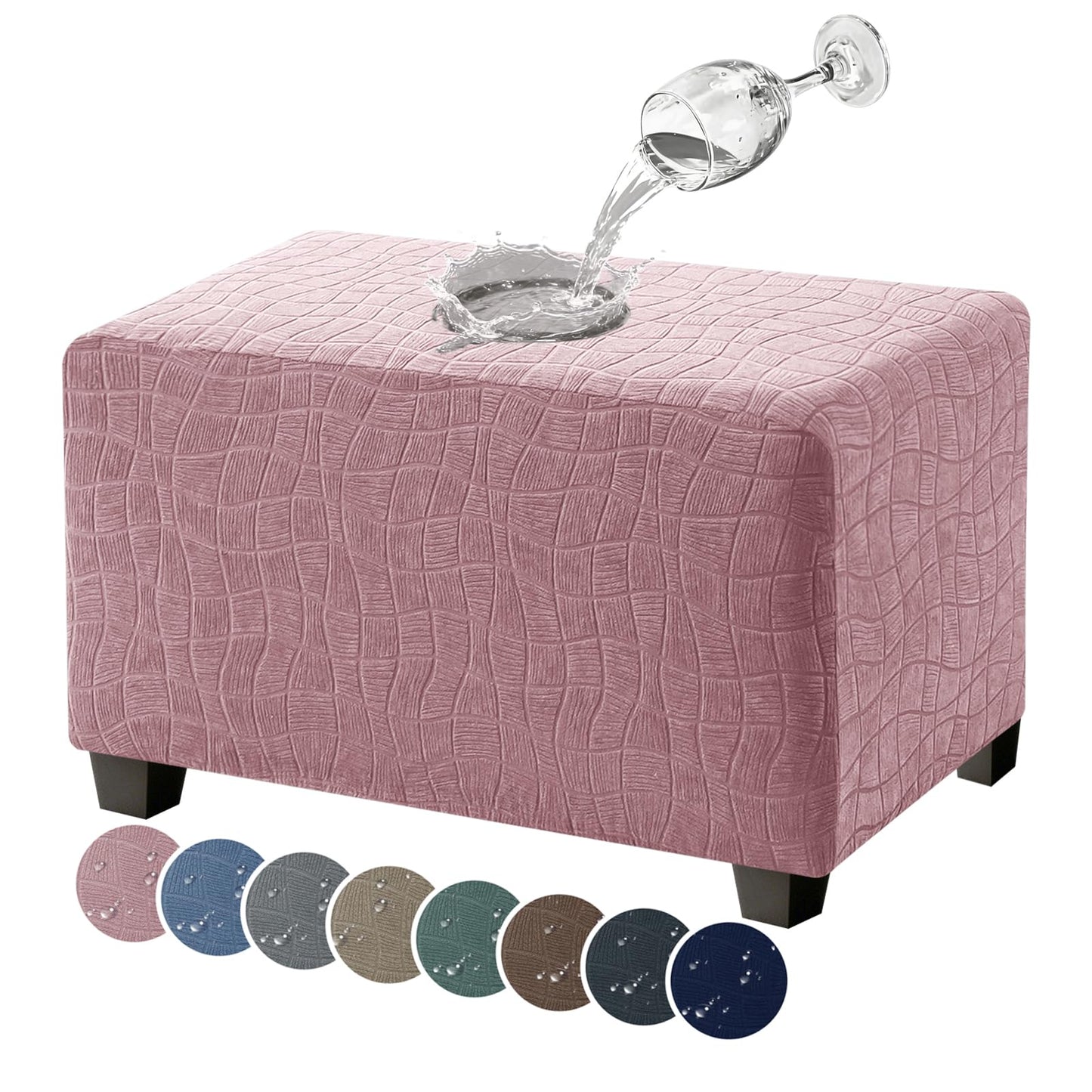 MAXIJIN Waterproof Ottoman Cover Rectangle Stretch Ottoman Slipcovers Square Thick Stool Covers Storage Footrest Furniture Protector with Non-Slip Elastic Bottom (Small, Dusty Pink)