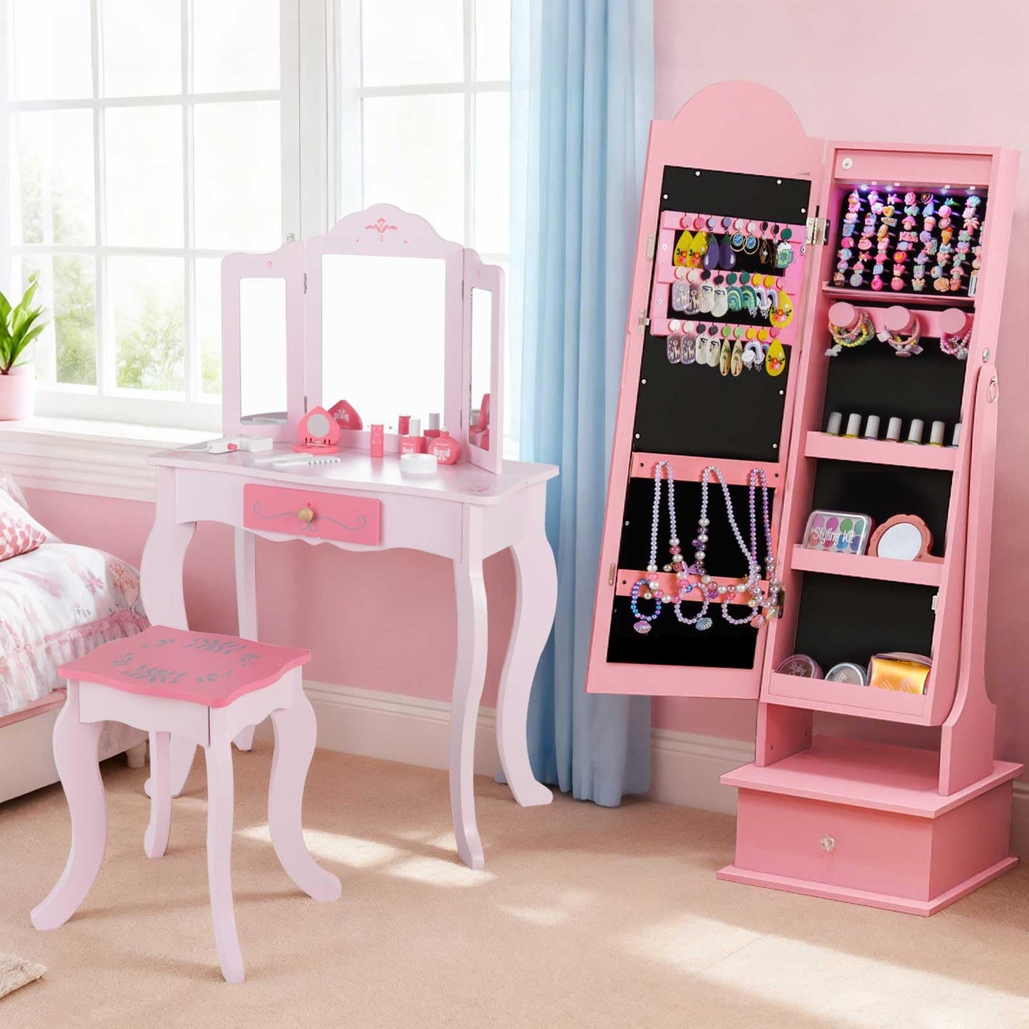 INFANS Kids Jewelry Armoire Cabinet with LED Lights, Lockable Standing Organizer with Full-length Mirror, Unicorn Theme Children Vanity Dress Up Storage Rack for Girls