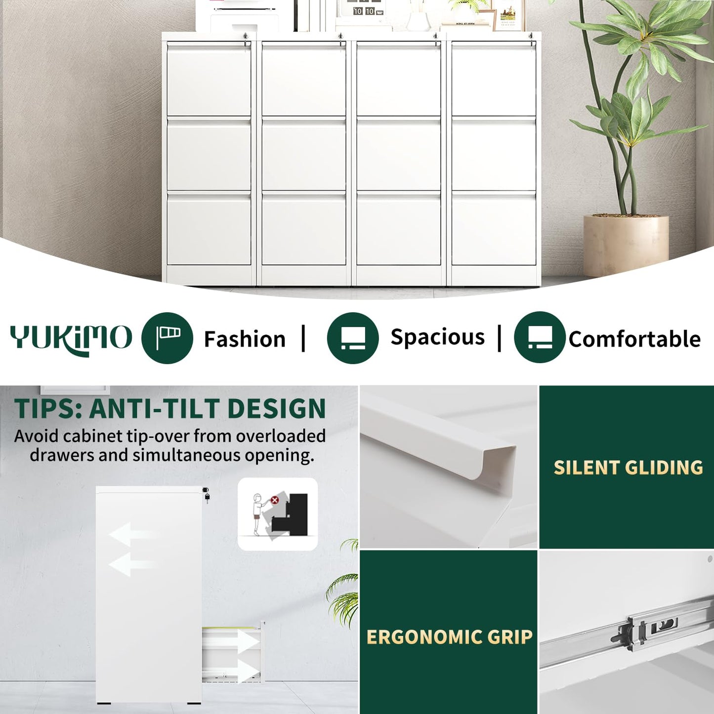 Yukimo 3 Drawer File Cabinet with Lock, Vertical File Cabinet with Lock, Locking File Cabinet Hanging Files for A4/ Legal/Letter,White