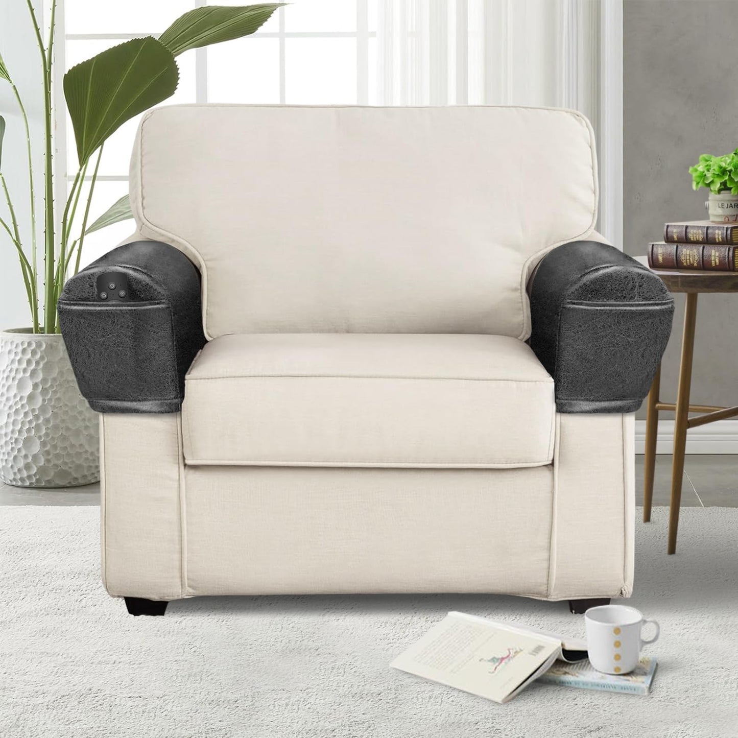 ANARACHON Leather Look Couch Arm Covers Set of 2 Armrest Covers for Sofa Chair Arm Protectors Stretch Armchair Slipcovers with Pockets Washable Spandex Fabric (Medium, Dark Grey)