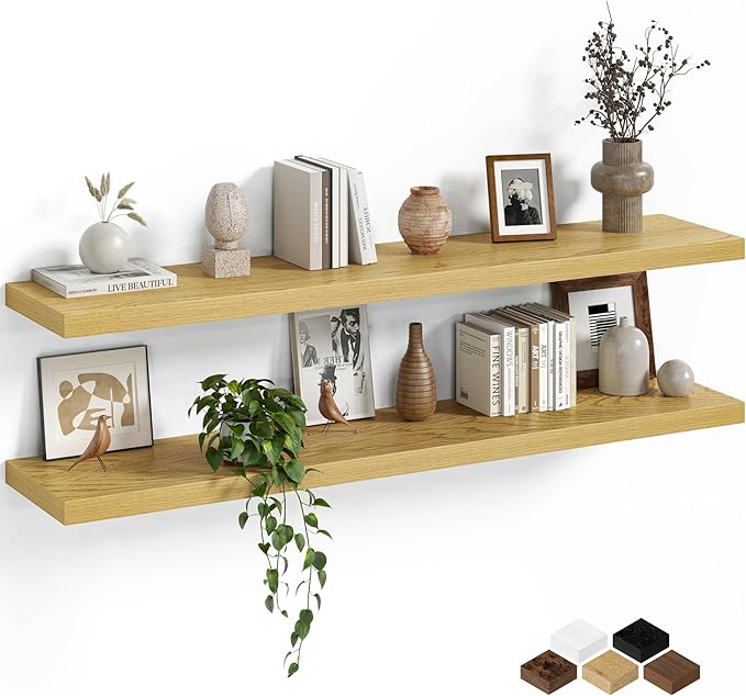 Fun Memories Floating Shelves for Wall, 48 Inch Long Set of 2 Rustic Wood Wall