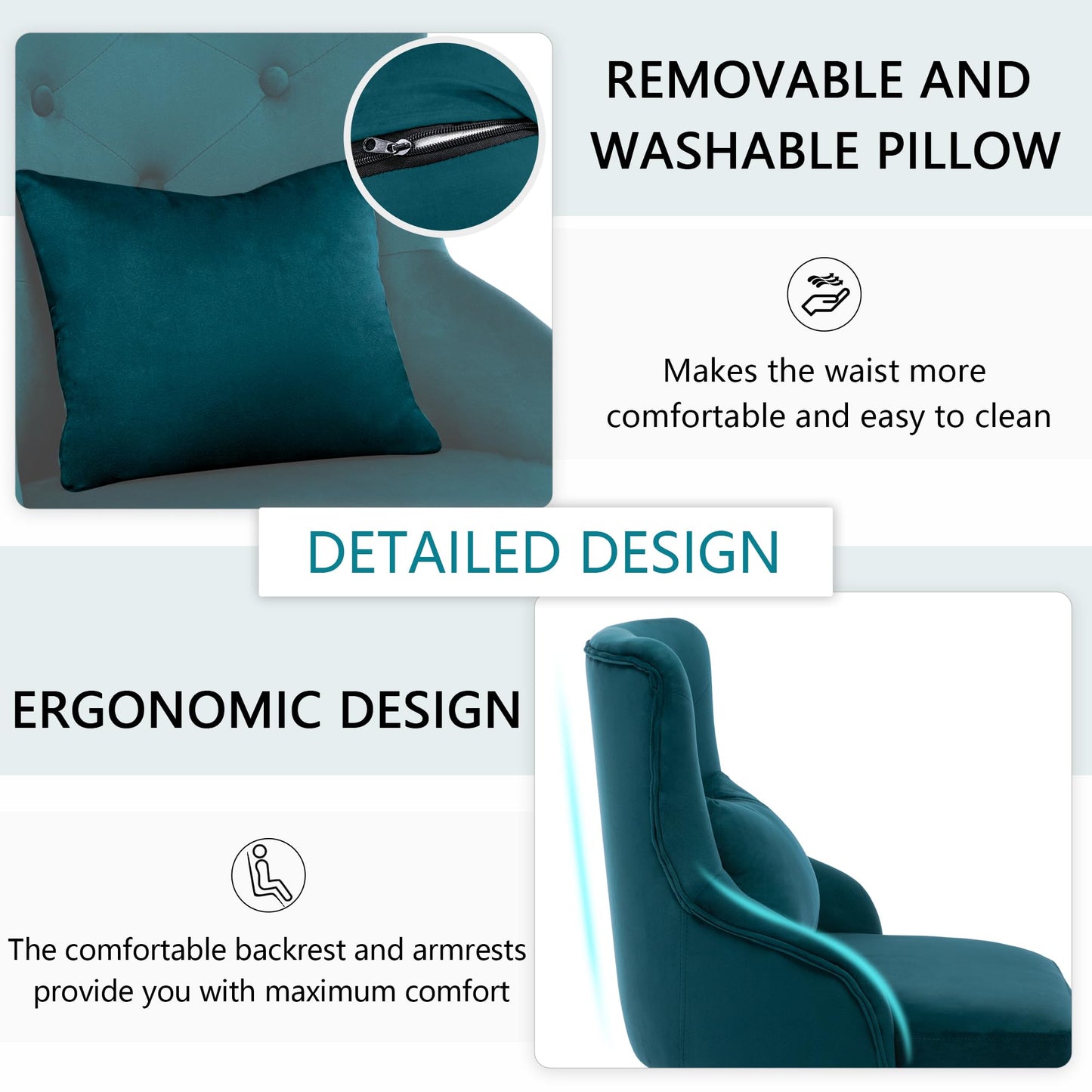 UDAX Velvet Vanity Makeup Dining Chairs, Upholstered Accent Reading Chair, Offiice Desk Vanity Stool Chairs with Tufted Back for Bedroom, Living Room, Teal