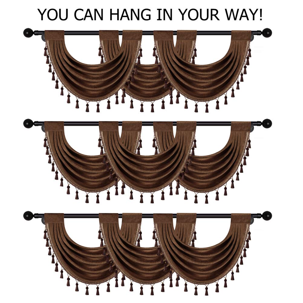 ELKCA Thick Chenille Waterfall Swag Valances for Living Room Chocolate Valance Curtains for Kitchen, Pack of 4(Chocolate, 30" W x 22" L)