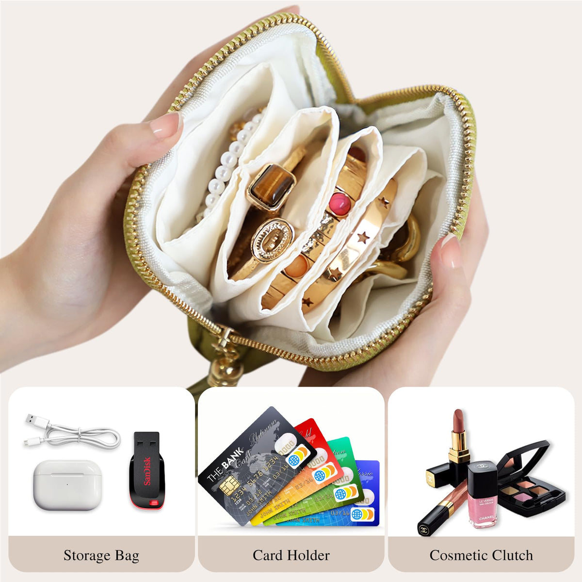 Stratalife Travel Jewelry Case Organizer for Women Wedding Gifts Portable Velvet Pouches for Travel Essentials Jewelry Crystal Bracelets Necklace Storage, Ring Holder Green Tassel