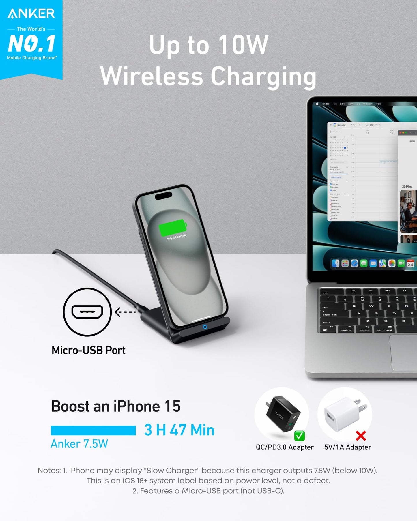 Anker 313 Wireless Charger (Stand), Qi-Certified for iPhone 15/14 / 13/12 / 11 / X / 8, 10W Max for Galaxy S23 / S22 / S21, Micro-USB (9V / 2A Adapter Required, Not Included)