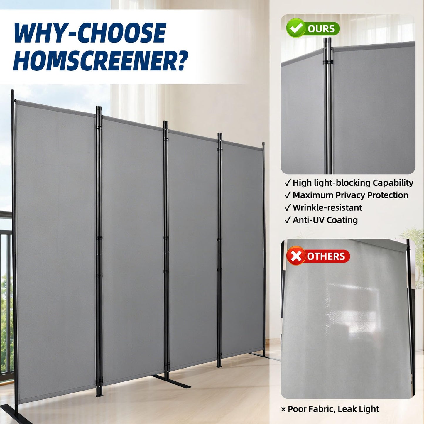 Room Divider and Folding Privacy Screens, Wide Room Divider Wall Screen for Room Separtition, Partition Room Dividers Fabric Panel Wall Dividers Freestanding for Office (Grey, 4 Panel-88'' Wide)