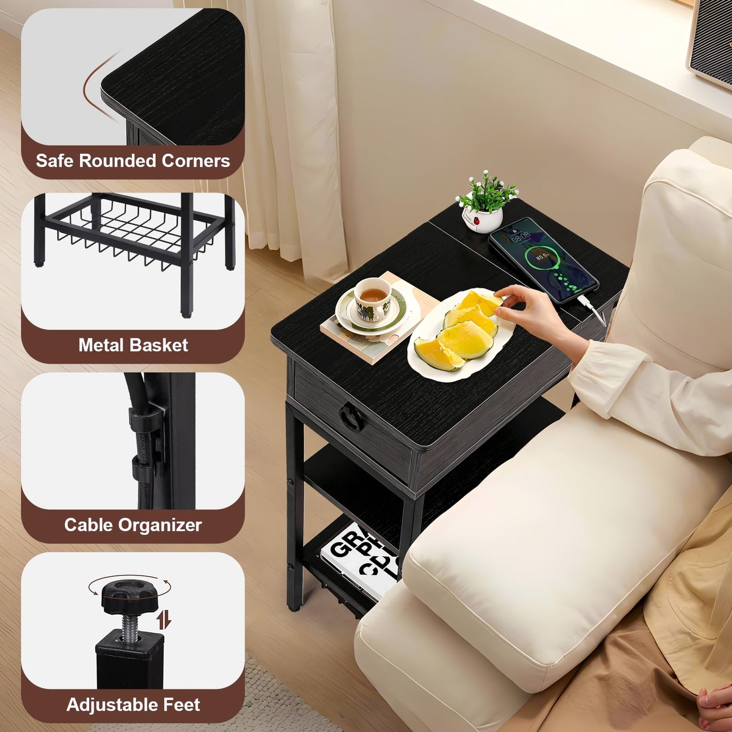 Cazacomzy Small Black Side Table Charging Station for Bedroom, Narrow Black Living Room End Tables with Storage, Skinny USB Nightstand with Outlet, Gaming Coffee Table for Couch with USB Ports
