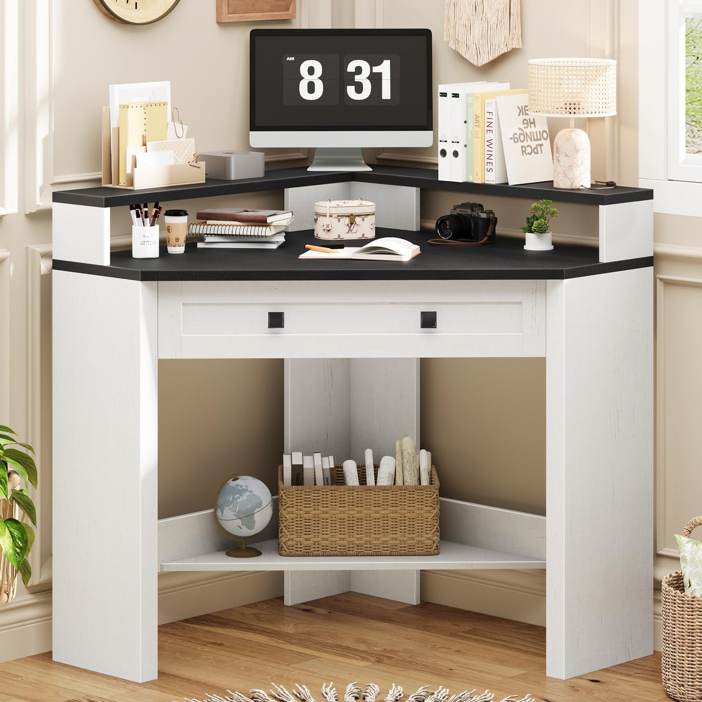 Small Corner Desk, Corner Desk for Small Space, Farmhouse Computer Desk with Drawer, Triangle Computer Desk with Storage Shelf and Monitor Stand for Home Office, Living Room (Rustic White/Black)