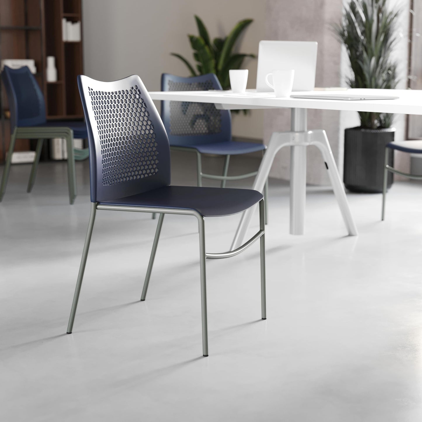 Flash Furniture Hercules Stacking Chair with Vented Backrest and Gray Powder Coated Steel Legs with Integrated Support Bar, Commercial Portable Chair - Set of 5, Navy