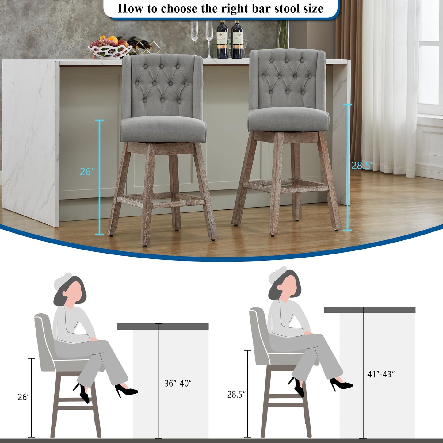 UDAX 26" Swivel Bar Stools Set of 4, Counter Height Barstools with Back, Linen Fabric Upholstered Bar Stools, Modern Barstools Wood Legs for Kitchen Island Dining Room Bar