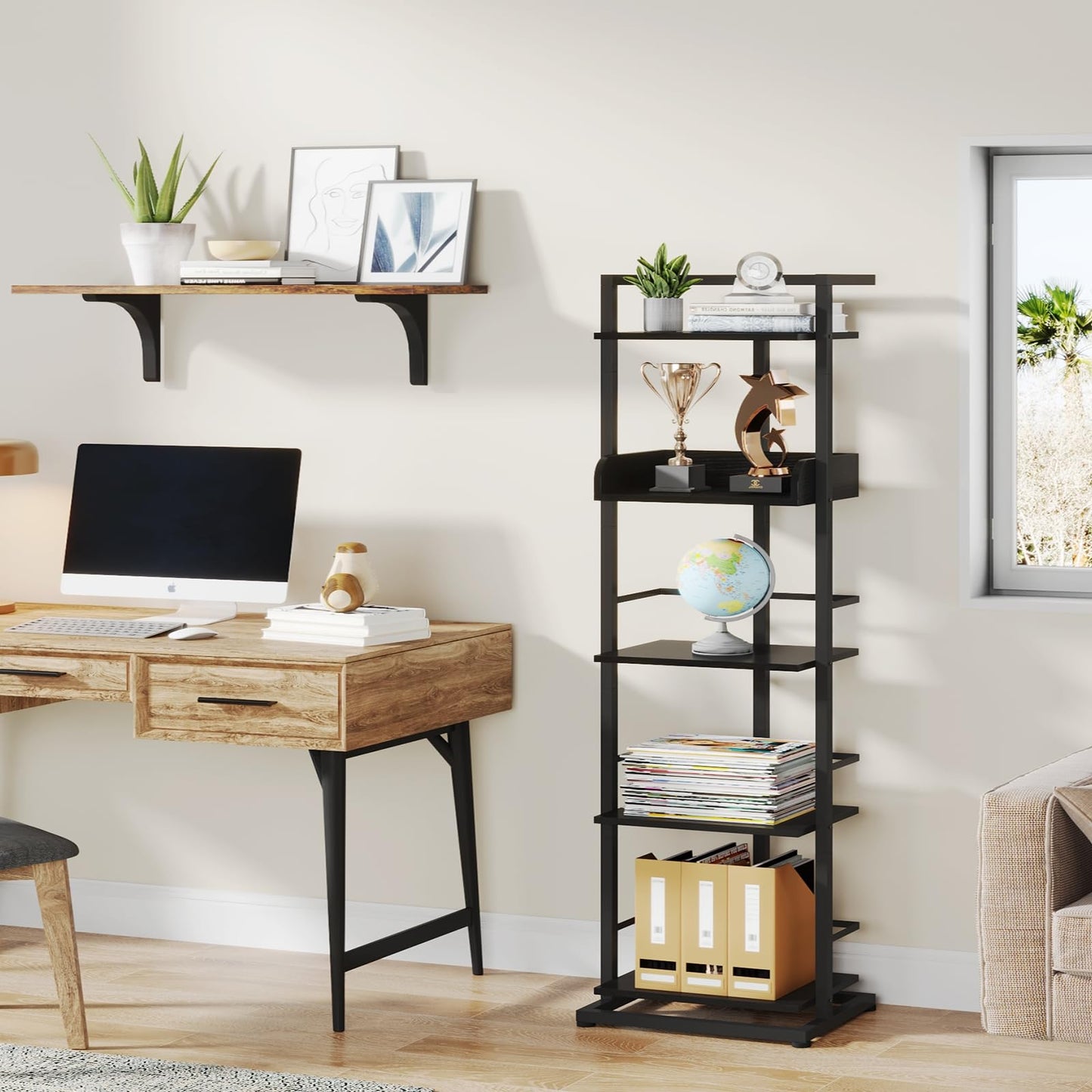 Hosfais Book Shelf Tall Bookshelf: 5 Tier Wood Bookcase with Metal Edge Protection Industrial Narrow Bookshelf Corner Storage Organizer Display Book Rack for Living Room Bedroom Home Office (Black)