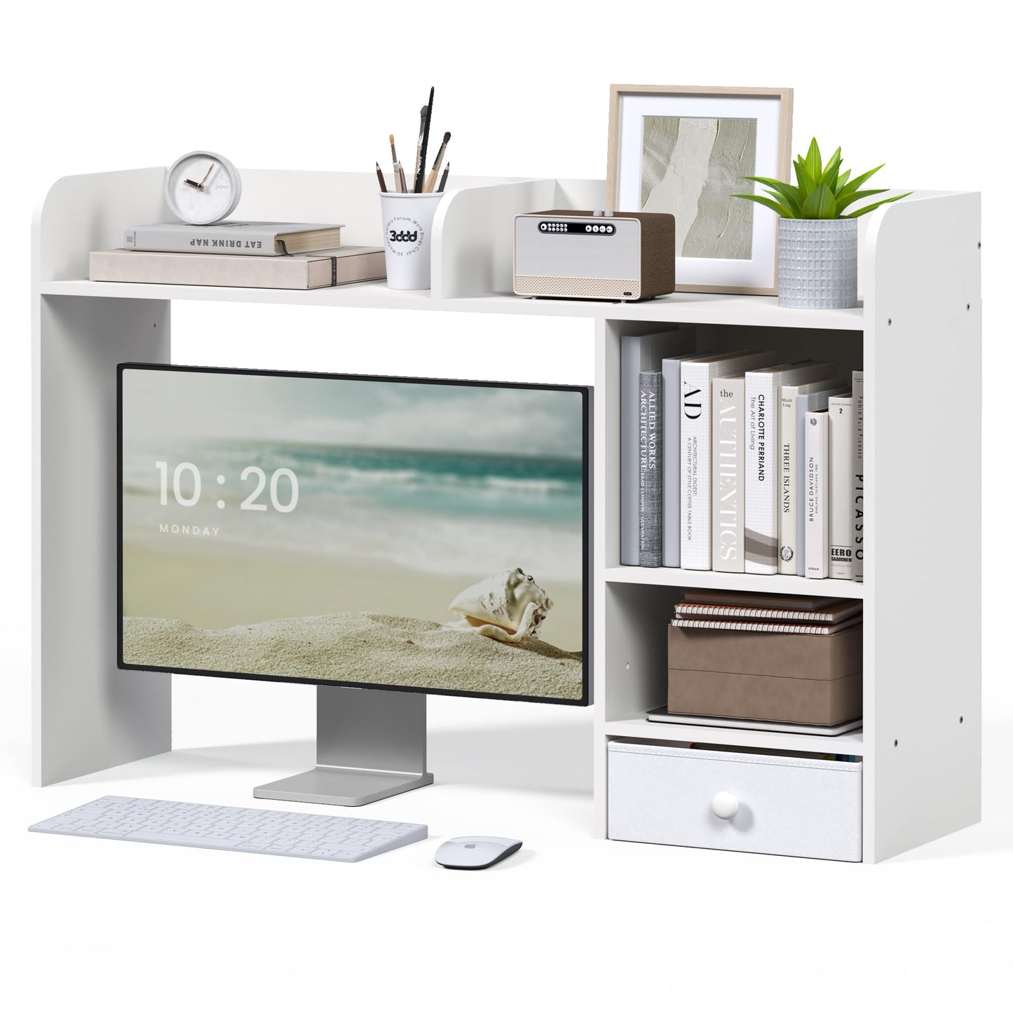 LAND·VOI Desktop Bookshelf with Drawer, Desk Hutch with 4 Storage Shelves for Computer Desk, Desk Shelf for Home Office Dorm, Dressing Tabletop, Bar Countertop, White