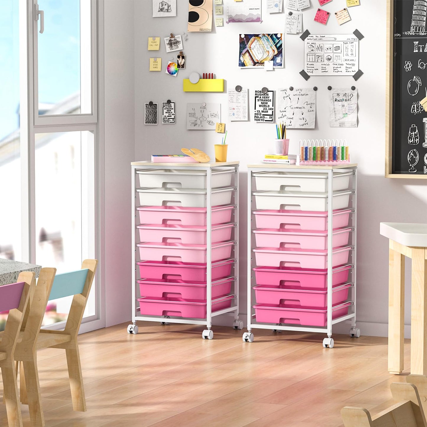 Rolling Cart with Drawers,Storage Cart with 8 Drawers and Wooden Tabletop,Utility Cart for Living Room,Classroom, Bedroom,Bathroom,Dorm,Office,Rose Pink