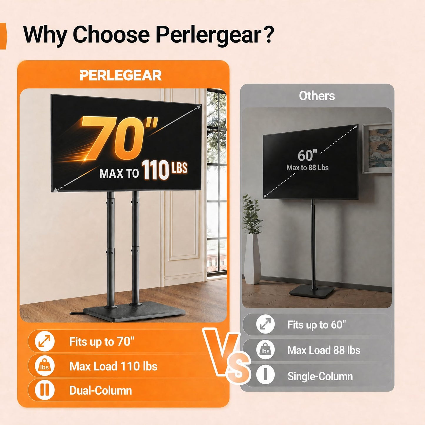 Perlegear Universal Floor TV Stand for 32–70" TVs up to 110 lbs, Height-Adjustable Tall TV Stand with Solid Wood Base & Extra-Stable Anti-Tip Feet, Swivel TV Mount for Bedroom, VESA 400x400, PGFLS34B