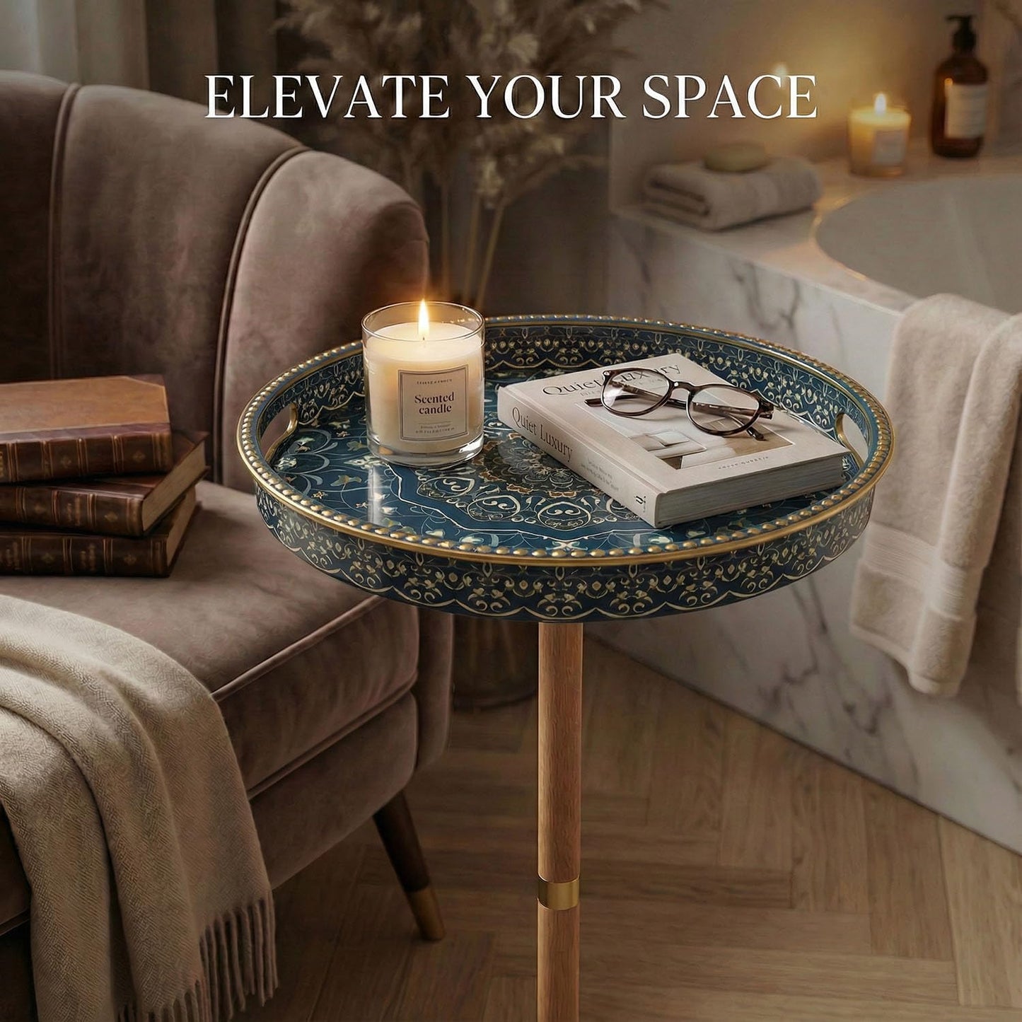 Gesodant Boho Single Leg Round Side Table with Tray Top, Pedestal Drink Table for Small Spaces, Aesthetic Accent Nightstand for Living Room, Bedroom, Corners, and Office (Yellow Leg Blue Maze)