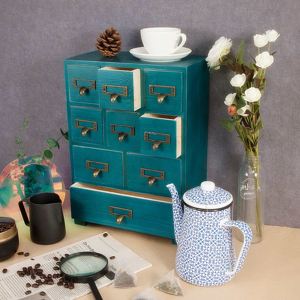 PACKGILO Apothecary Cabinet with 9 Drawers & Labels Rustic Library Card Catalog Cabinet Desktop Wooden Storage Box for Organize Herbal、Tea Bag、Jewelry (Blue)