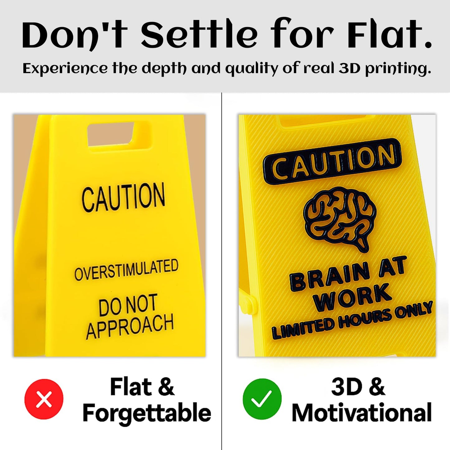 CAUTION Brain at Work Sign, 3D Printed Office Desk Decor, Funny Limited Hours Only Sign for Home Office, Coworker Gift, Birthday Gift for Colleagues, Yellow Desk Accessory