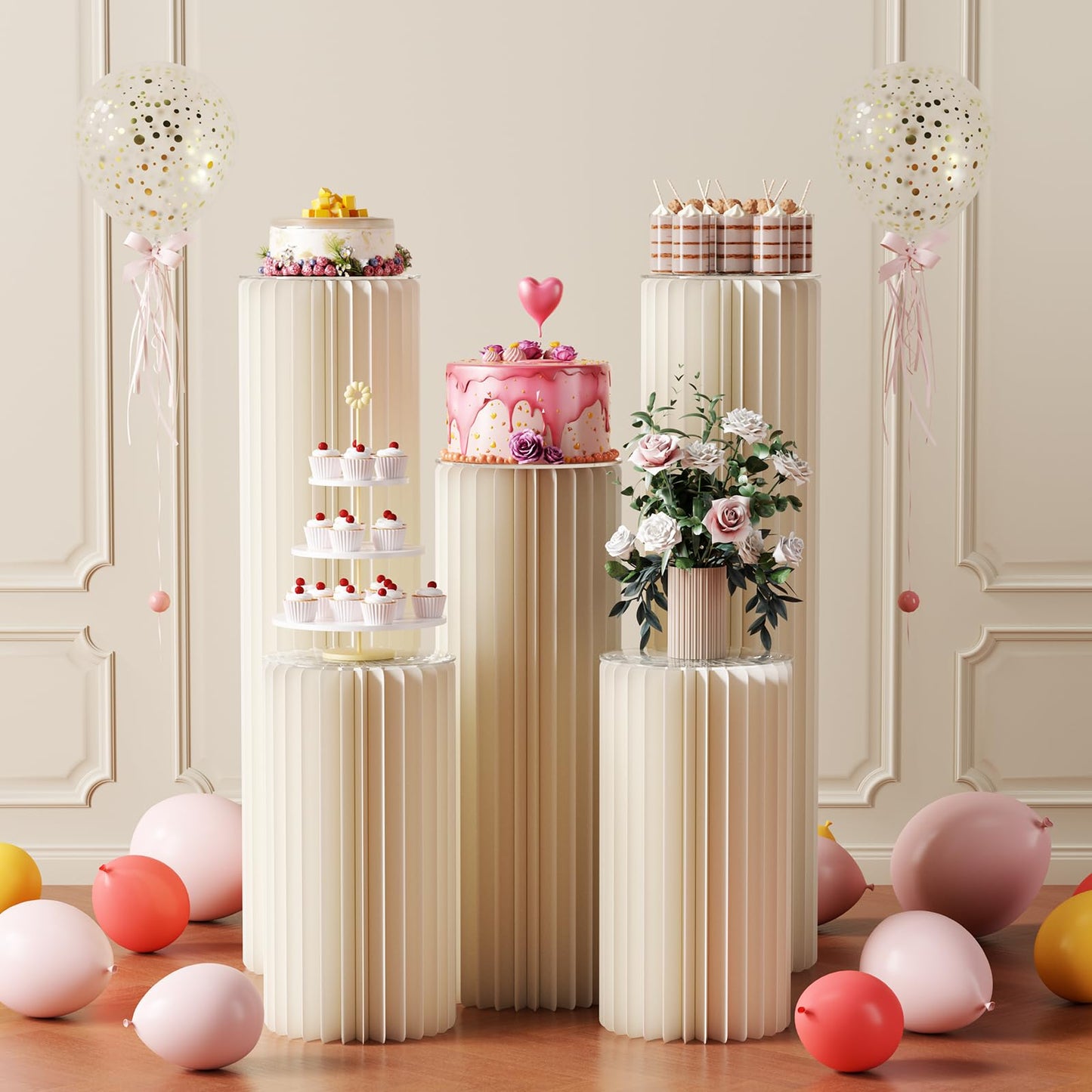 5 Pack Portable White Cylinder Stands for Party, 31.5", 23.6", 15.7" Height Foldable Cardboard Tall Cake Pedestal Stand Flower Floral Pillar Table Stand Event Plinth, cilindros para fiestas redondos blancos for Wedding Parties