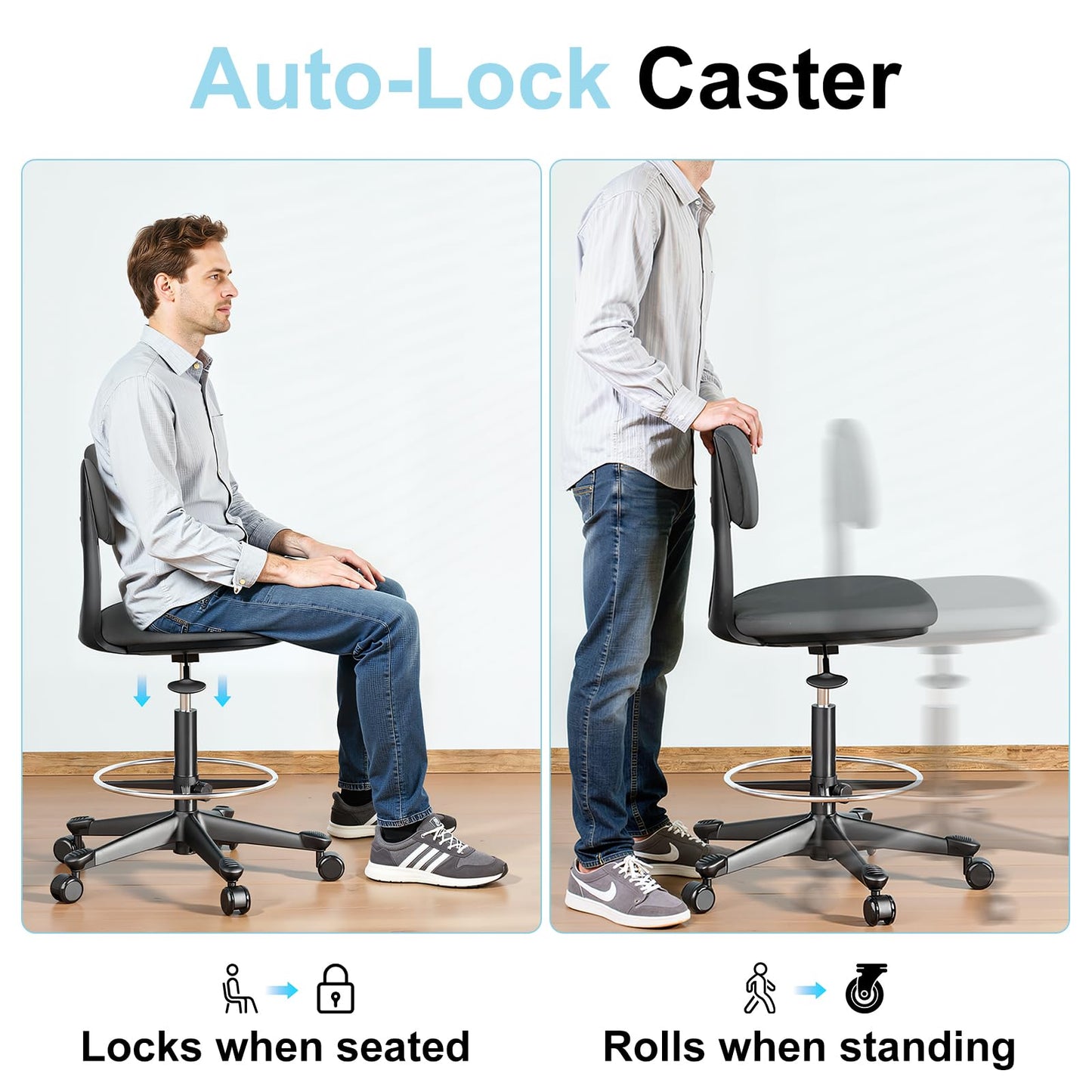 ERGO COLLECT Drafting Chair with Auto-Lock Gravity Wheel,Height Adjustable Standing Desk Chair,Tall Drafting Stool,with Back Support & Foot Rest,No Arms,for Studio,Lab,Office or Home