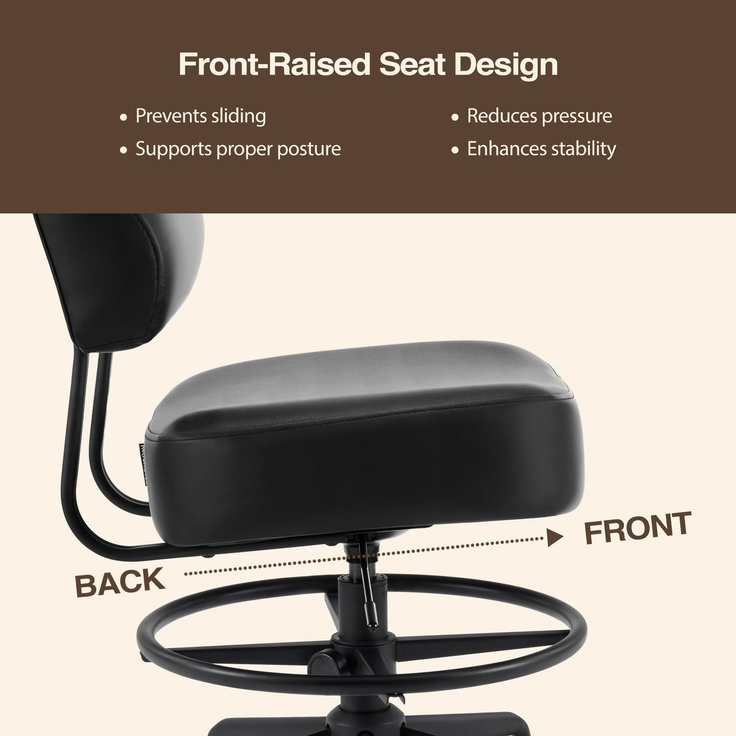 DR.LOMILOMI Pneumatic Swivel Rolling Saddle Stool 504 Kalea with Adjustable Foot Ring for Clinic SPA Tattoo and Home (Black, Backrest Add-on)