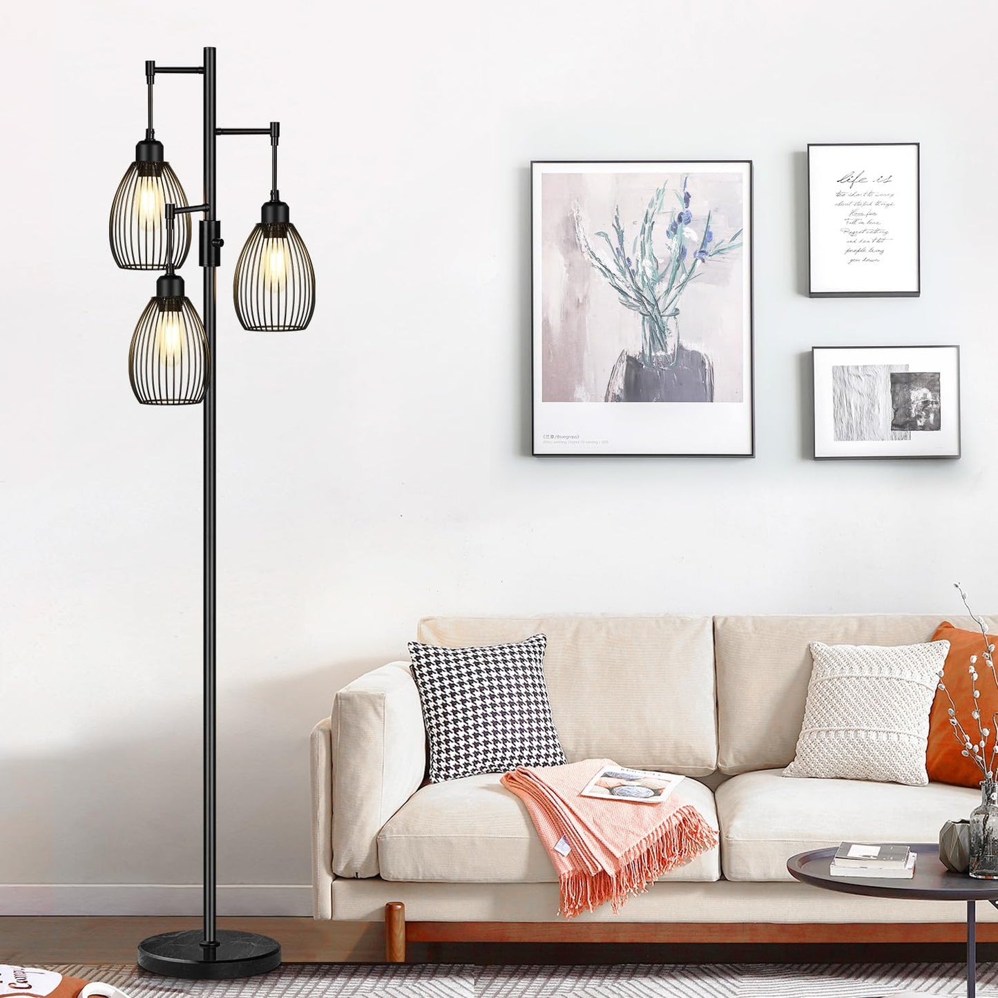 Torondo 70" Dimmable Floor Lamp with Marble Base, 3 x 800LM LED Edison Bulbs Included, Industrial Black Floor Lamps for Living Room, Rustic Tall Lamps Standing Lamp for Bedrooms Living Room