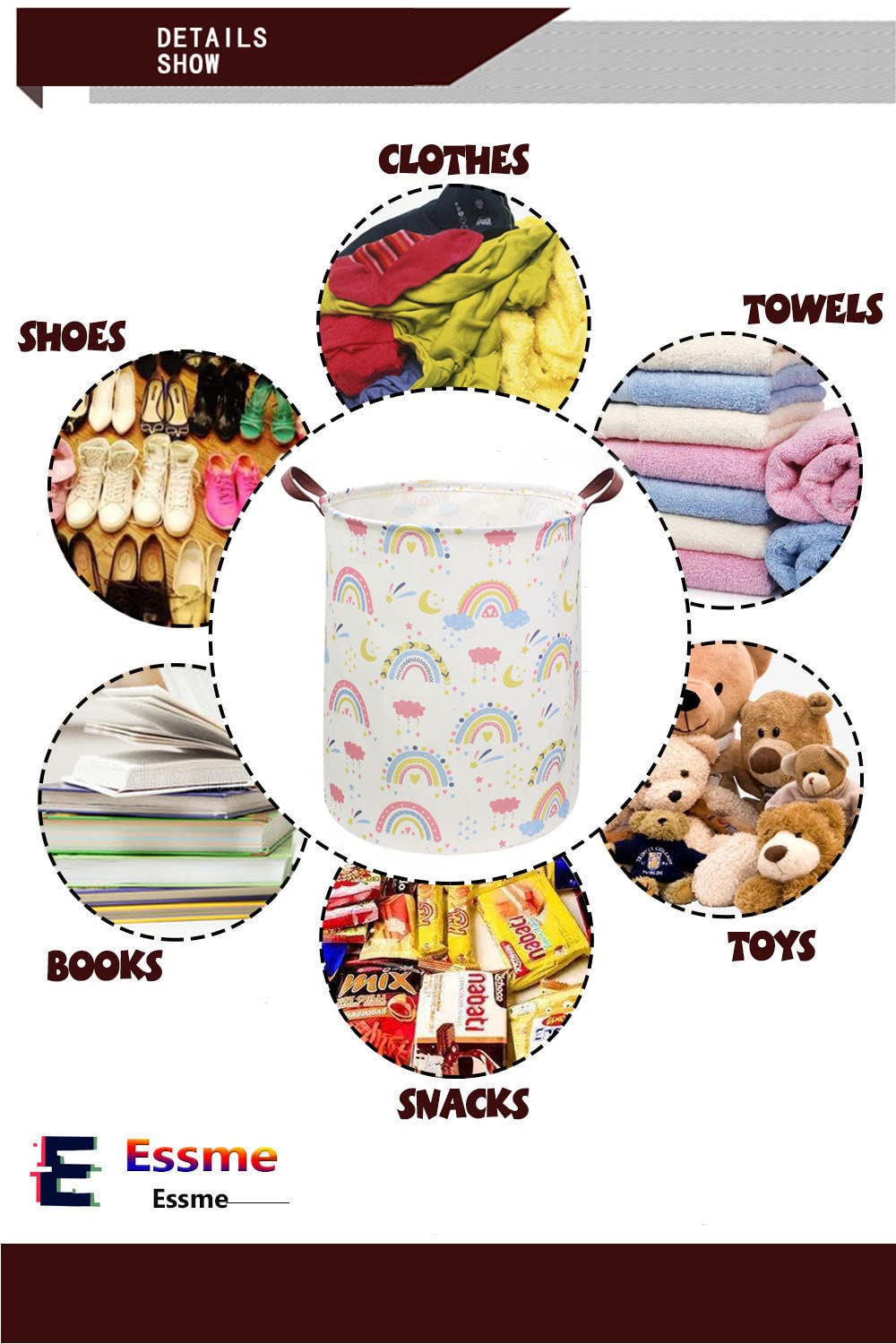ESSME Rainbow laundry basket,Collapsible Laundry Hamper with Waterproof PE Coating Hamper Nursery Hamper for Room Decor, storage,Gift Basket.(Rainbow)