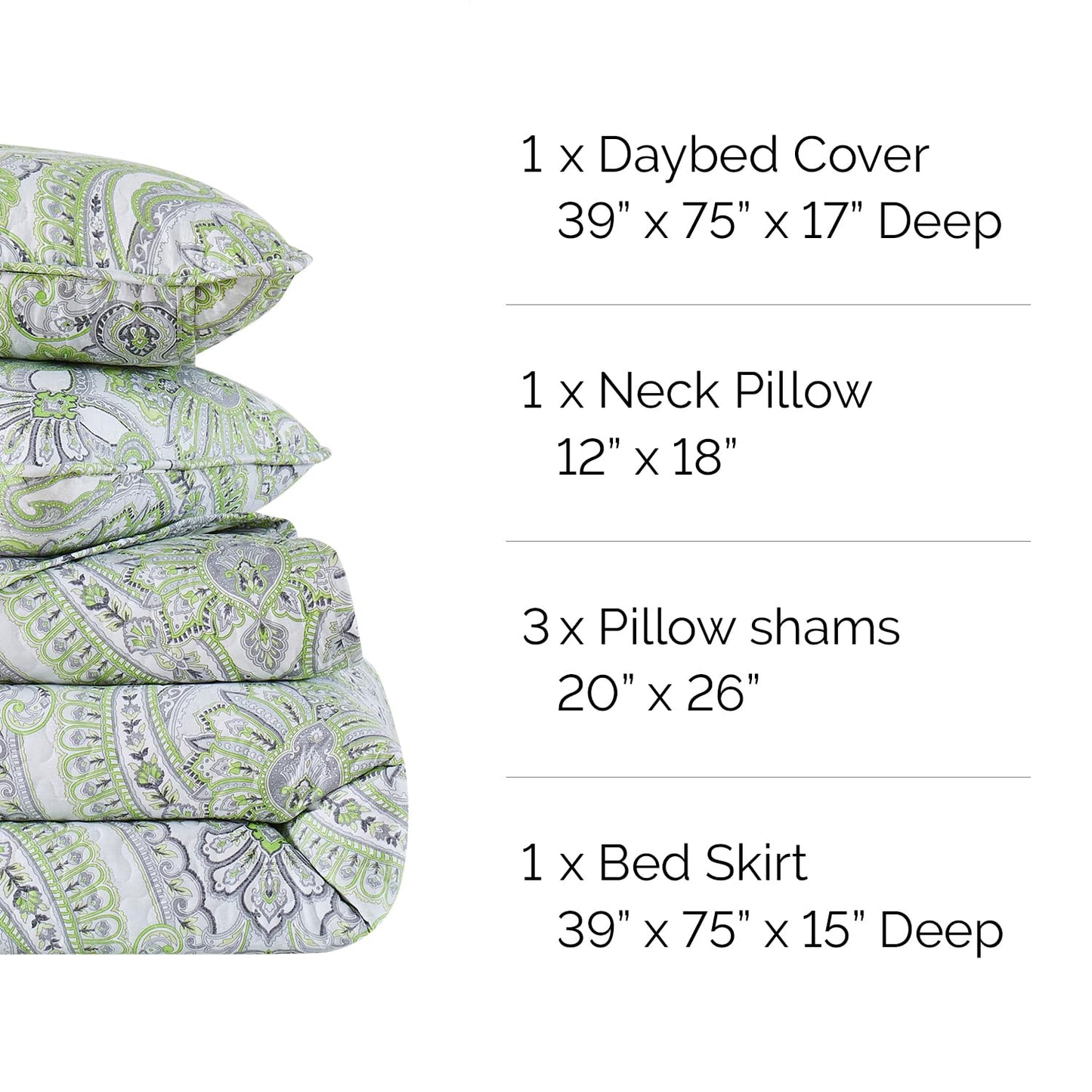Southshore Fine Living, Inc. Twin Daybed Comforter Set, 6-Piece Boho Bedding Set with Daybed Cover, 3 Pillow Shams, Bed Skirt, Throw Pillow - Twin Day Bed Quilt Set, Pure Melody Green