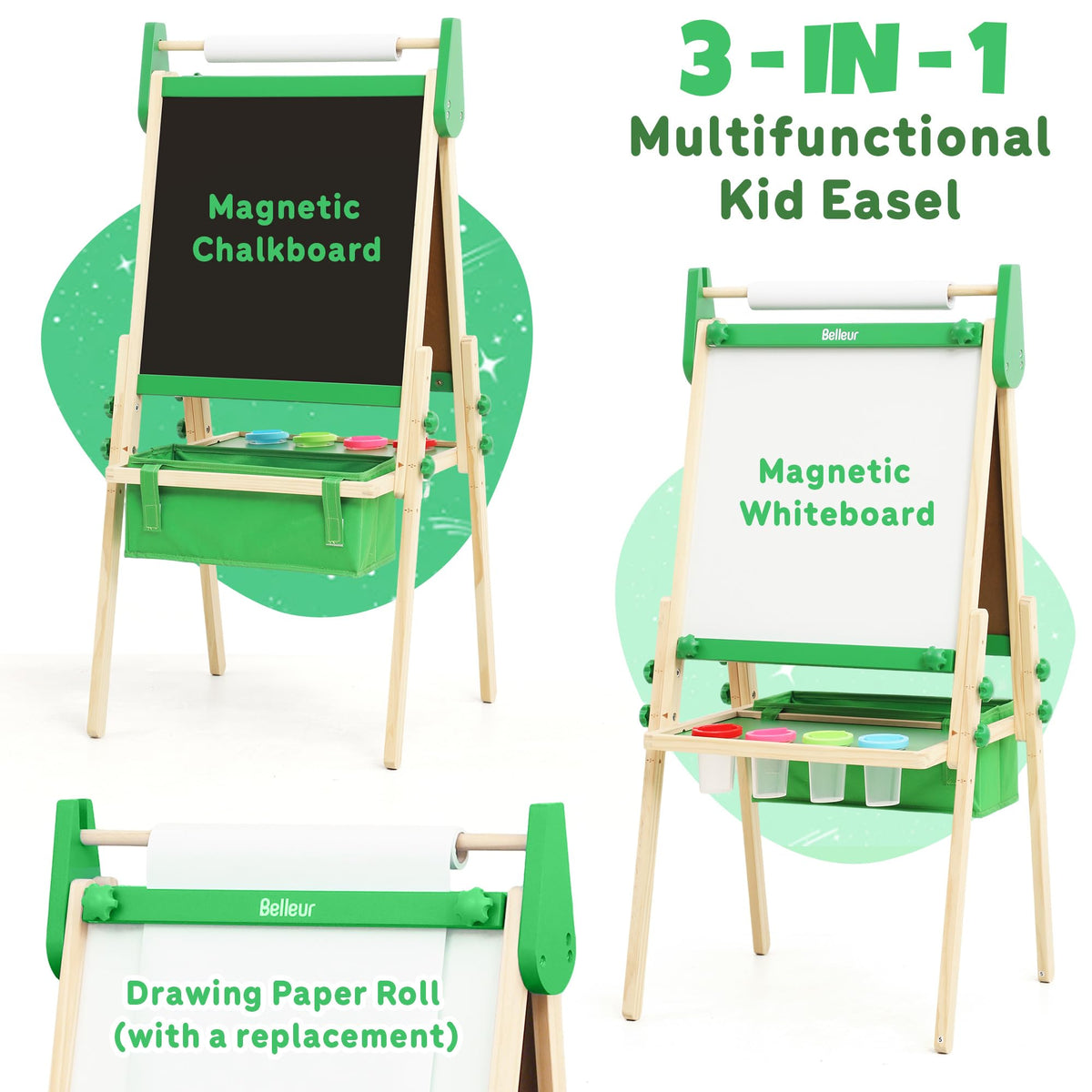 Belleur All-in-One Art Easel for Kids, Adjustable Double Sided Easel for Toddlers with Magnetic Whiteboard & Dry-Erase Chalk Board & Paper Roll, Child Painting Easel for Kid 2-8 Birthday Gift-Green
