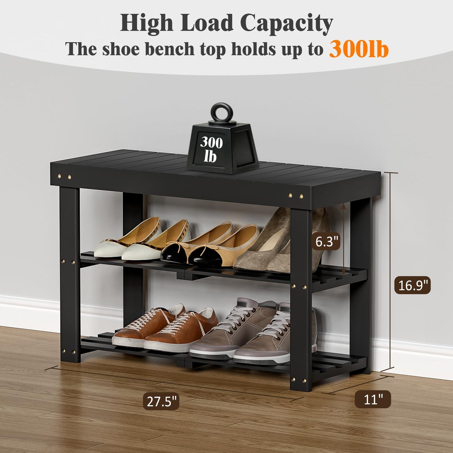 BAMBUROBA Bamboo Shoe Rack Bench, 3-Tier Entryway Bench, Small Shoes Storage Organizer Holds Up to 300lbs, 27.5 x 11 x 16.9 Inches, for Front Door, Hallway, Living Room, Bedroom,Black