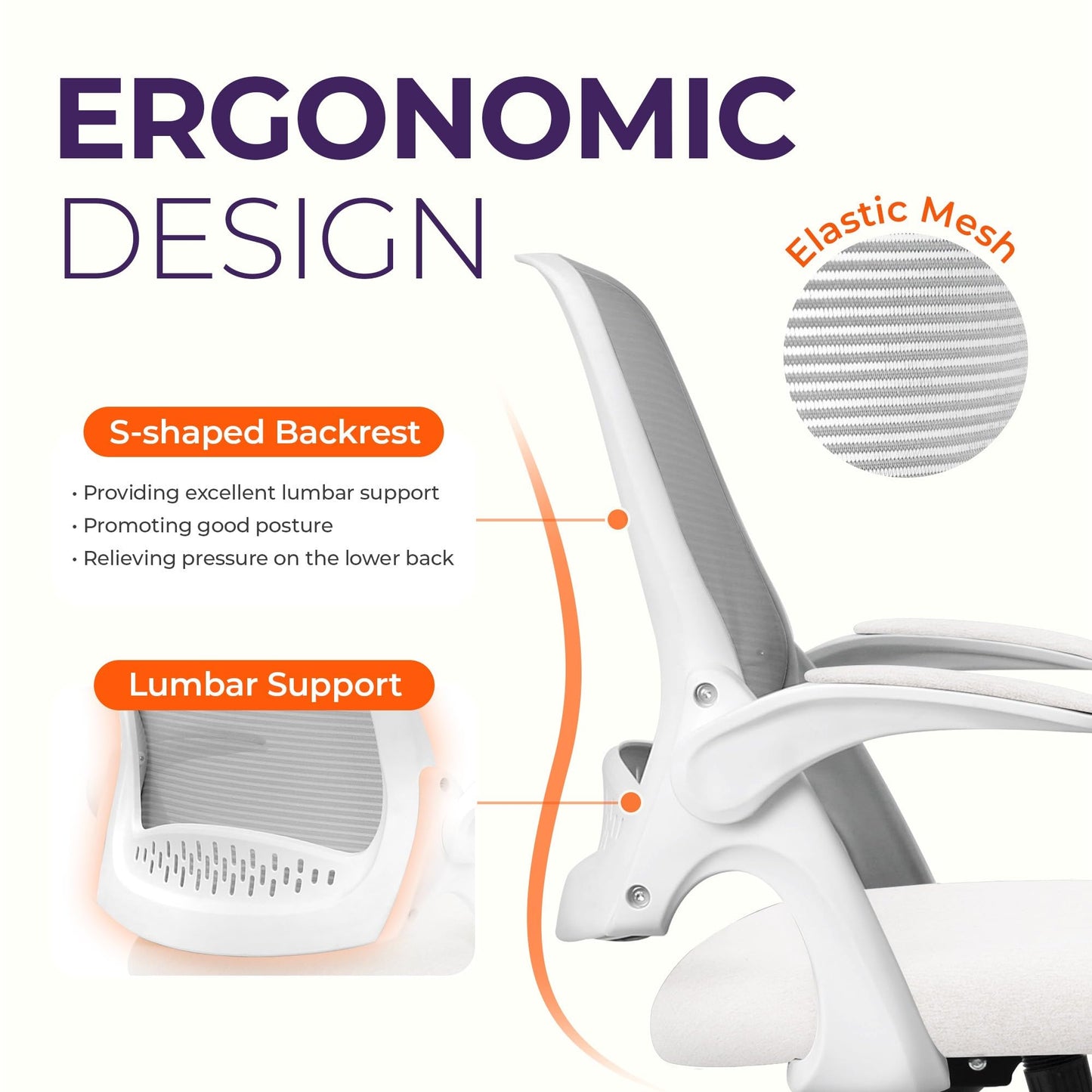 NEO CHAIR Office Desk Gaming Ergonomic Computer Chair with Lumbar Back Support Adjustable Height Swivel Rolling Wheels Flip-up Arms Mesh Chair for Home Vanity (Ivory)