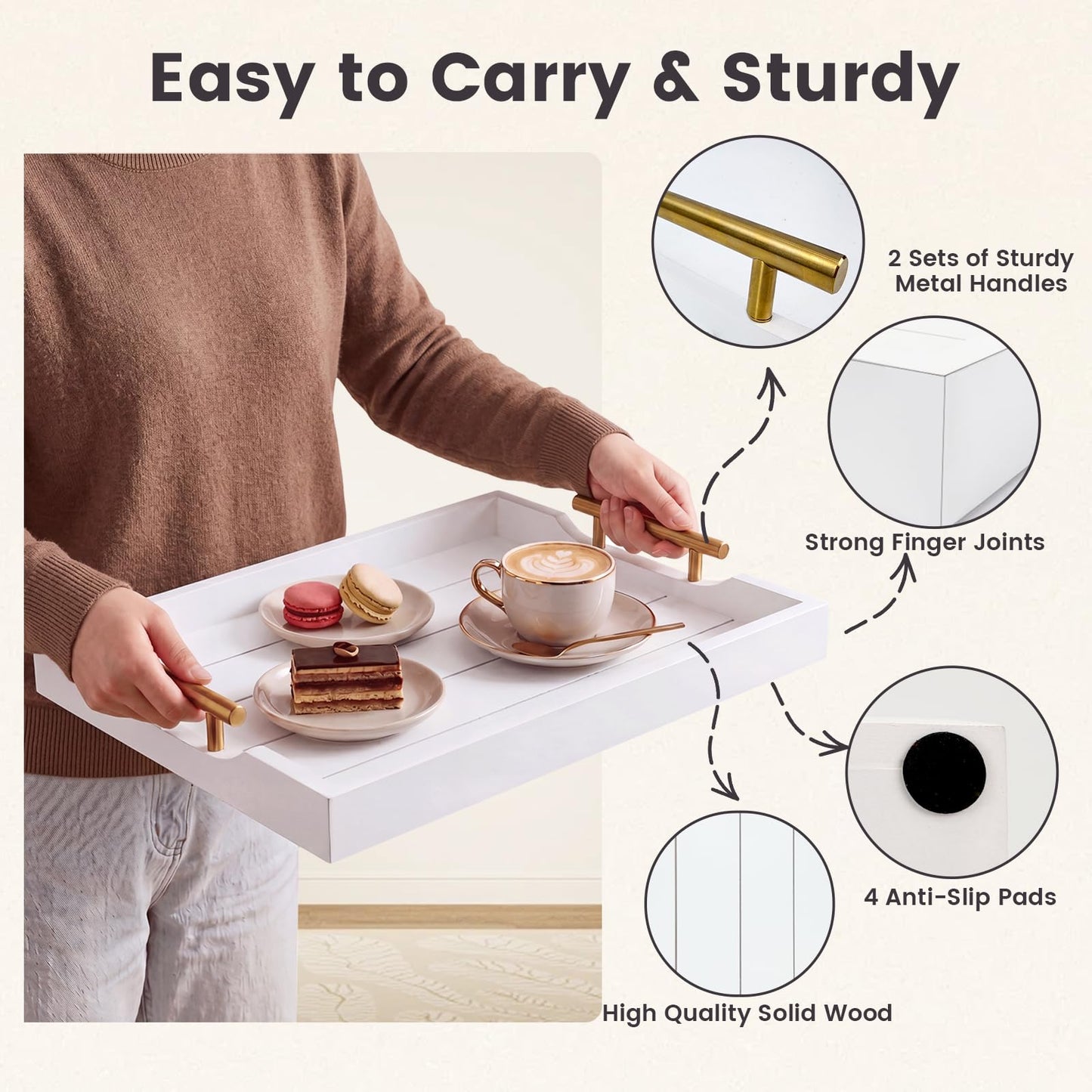 ComfyTune Wood Serving Tray with Metal Handles, 17x13in Large Wooden Tray for Ottoman, Coffee Table, Breakfast, Dinner & Bar, Decorative Tray for Living Room, Bedroom, Bathroom and Kitchen, White