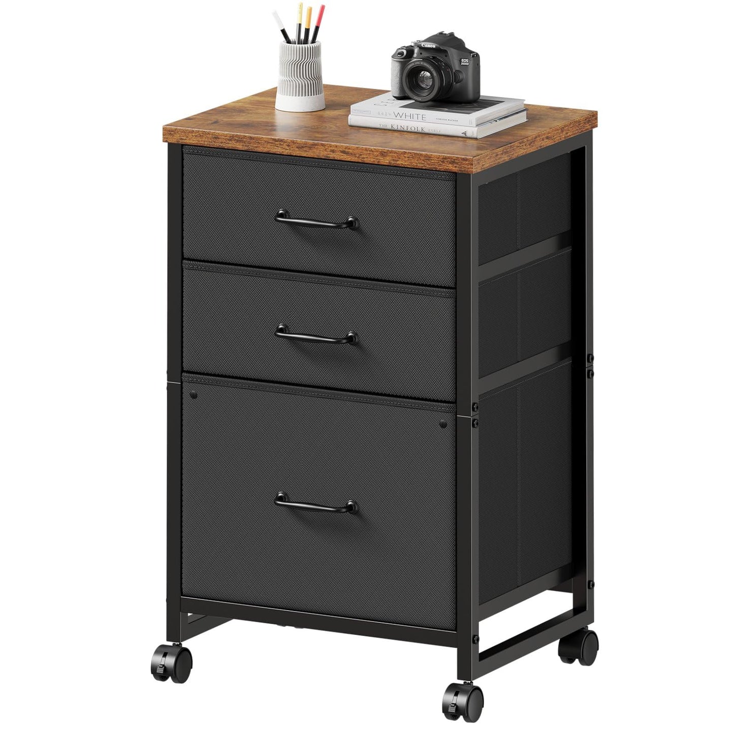Maihail 3 Drawer Mobile File Cabinet with Wheels Fabric Vertical Filing Cabinet fits A4 or Letter Size for Home Office,Rustic Brown