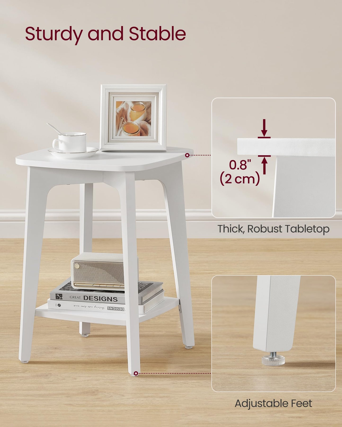 VASAGLE MAEZO Collection - Side Table, 2-Tier Small Square End Table, Nightstand with Tapered Legs, Curved Transitions, for Small Spaces, Living Room, Bedroom, Cloud White ULET236W01