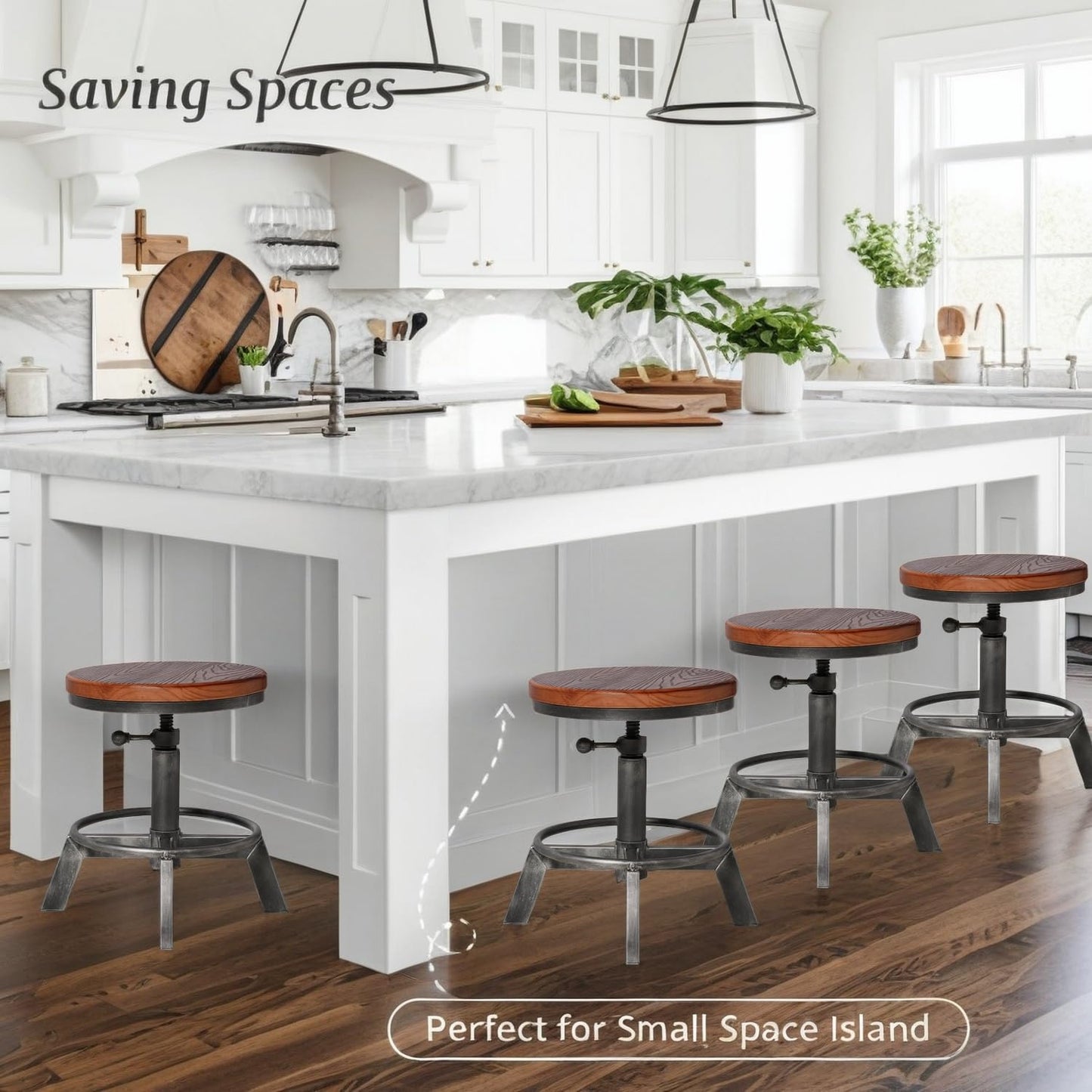 BOKKOLIK Set of 2-Industrial Bar Stool-Counter Height Chairs- Swivel Wooden Seat- Adjustable 15.2-21"