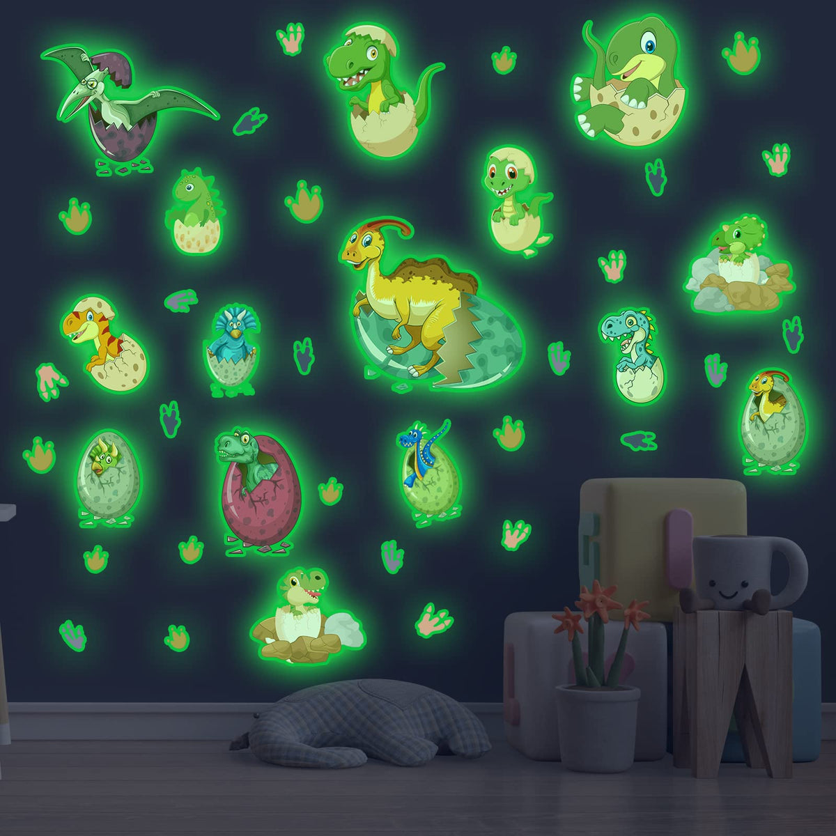 Glow in The Dark Dinosaur Wall Decals for Kids Room, Removable Footprints Baby Nino Vinyl Stickers, Nursery Decoration Classroom Gift for Boy Toddlers