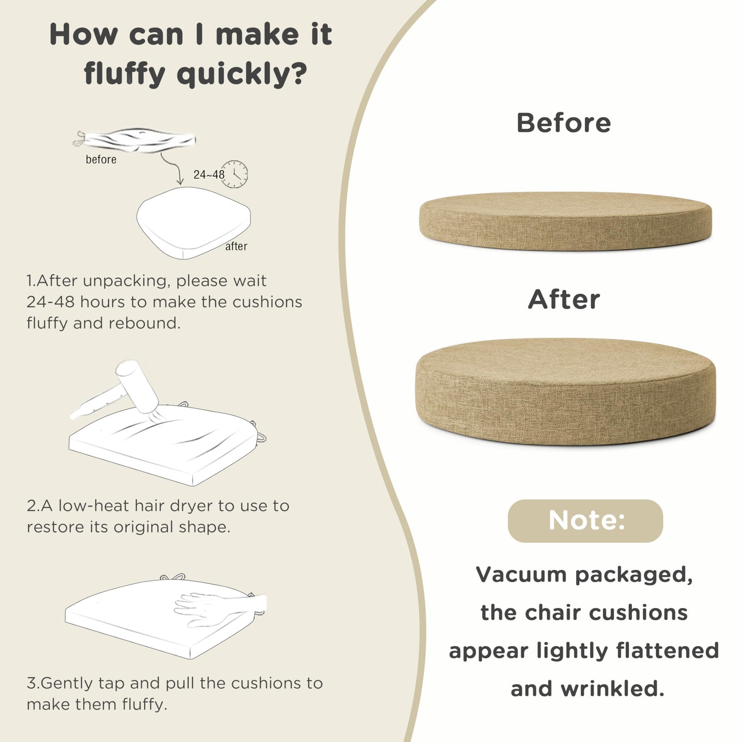 AddGrace 2.5" Thick Non Slip Round Chair Pad 1 Pack, 16" Round Chair Cushion with Machine-Washable Cover and Long Zipper, Seat Cushions for Kitchen, Office, Floor and 16" Ottoman, Beige