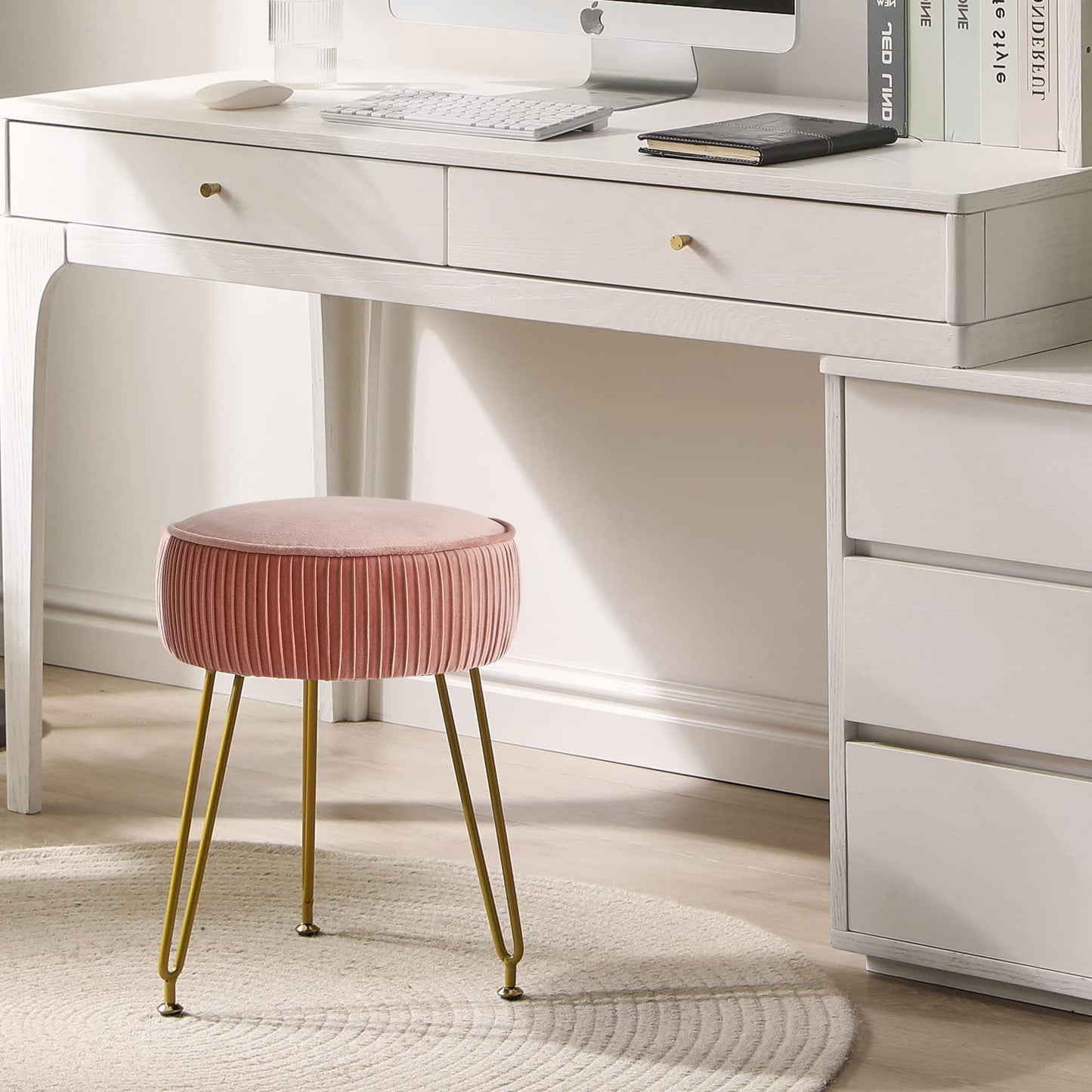 IBUYKE Velvet Vanity Stool Ottoman, Round Footrest Chair, Makeup Dressing Table Seat, Pouf Couch Stool, for Living Room, Golden Steel Legs, Pink LG-30P