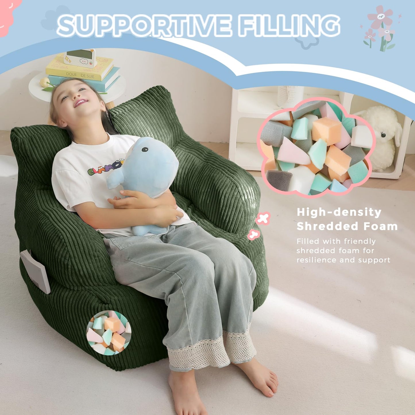 MAXYOYO Kids Bean Bag Chair, Stuffed Toddler Bean Bag Sofa with Filler Cozy for Boys and Girls, Lazy Sofa with Pocket Floor Chair for Gaming, Reading, Dark Green