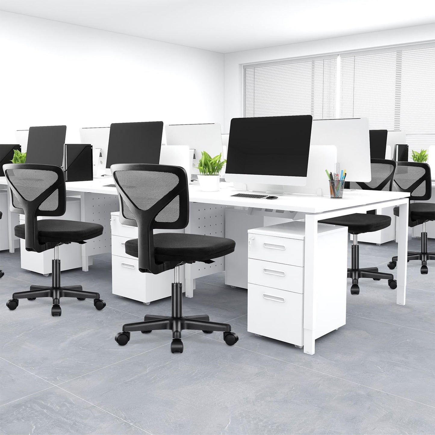 DUMOS Armless Desk Chairs Set of 2, Ergonomic Adjustable Home Office Swivel Rolling Task Chair No Arms, Comfy Mesh Mid Back Computer Work Vanity Desk Chiars with Wheels for Small Spaces, Black