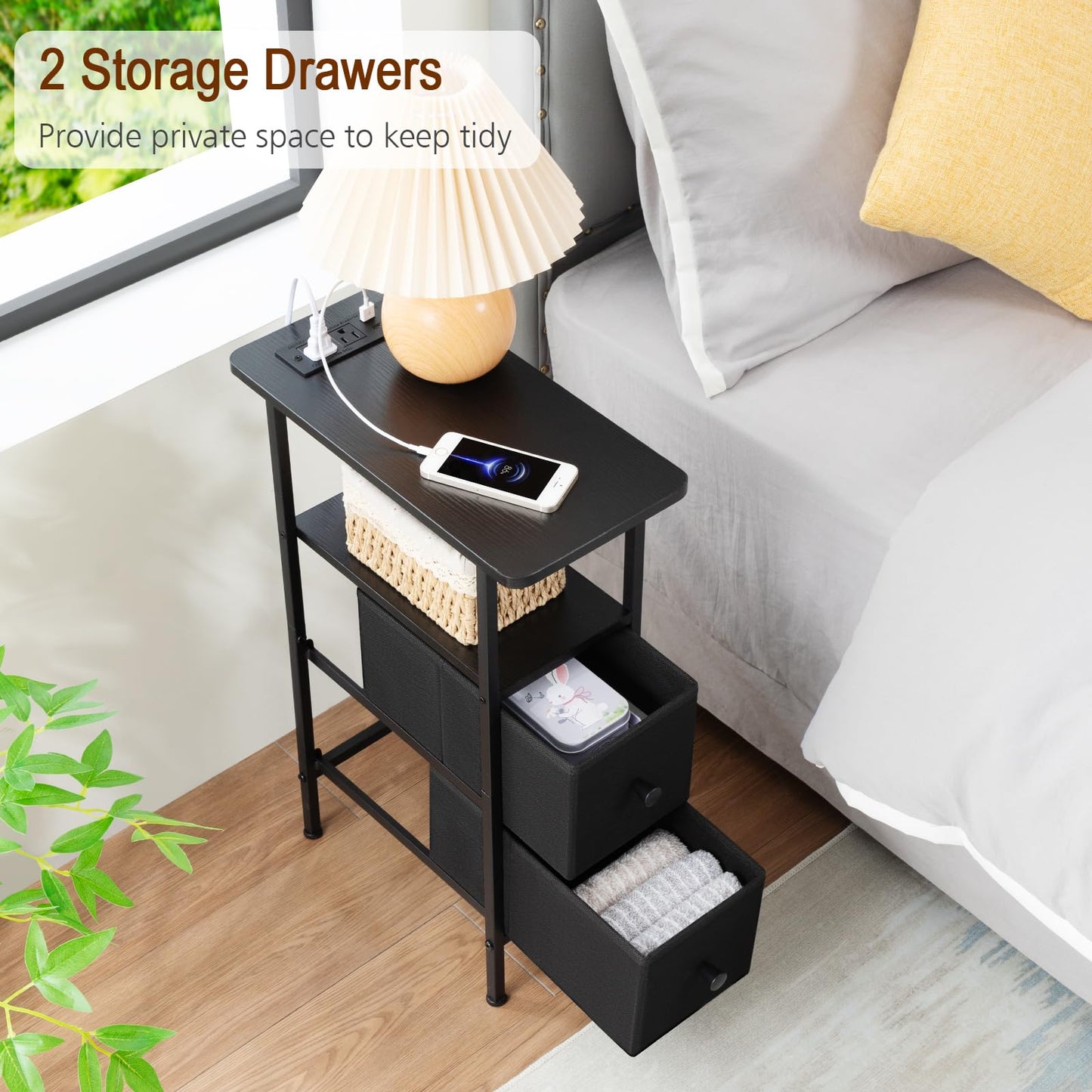 LOAKEKEL Narrow Nightstand with Charging Station, End Tables Living Room Set of 2, Skinny Side Table with Fabric Drawers, Slim Sofa Table for Bedroom, Small Spaces, Couch, Black, HETNDP02BK