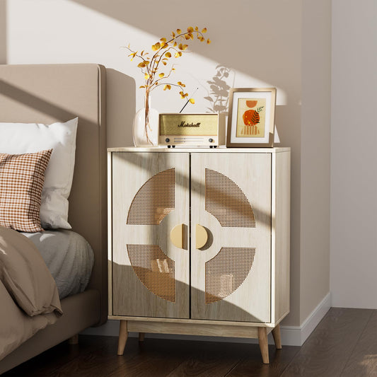 TOOBVEST Buffet Cabinet with Storage Sideboard Accent Modern Credenza with Doors & Shelves 32.9" Rattan Media Console Mid Century Coffee Bar Table for Living Room Kitchen Dining Room Hallway