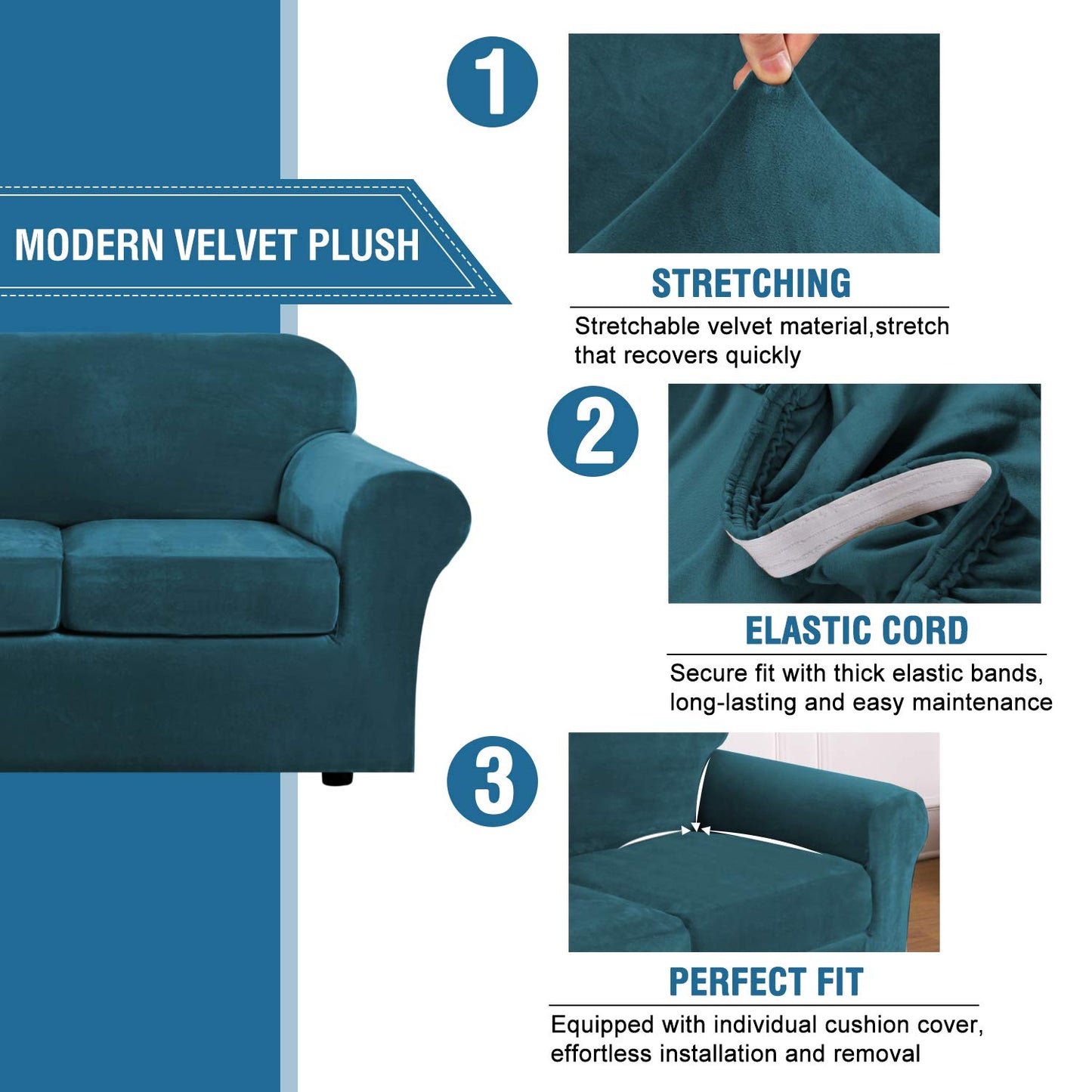 H.VERSAILTEX Modern Velvet Plush 4 Piece High Stretch Sofa Slipcover Sofa Cover Furniture Protector Form Fit Luxury Thick Velvet Sofa Cover for 3 Cushion Couch Width Up to 90 Inch (Sofa,Deep Teal)