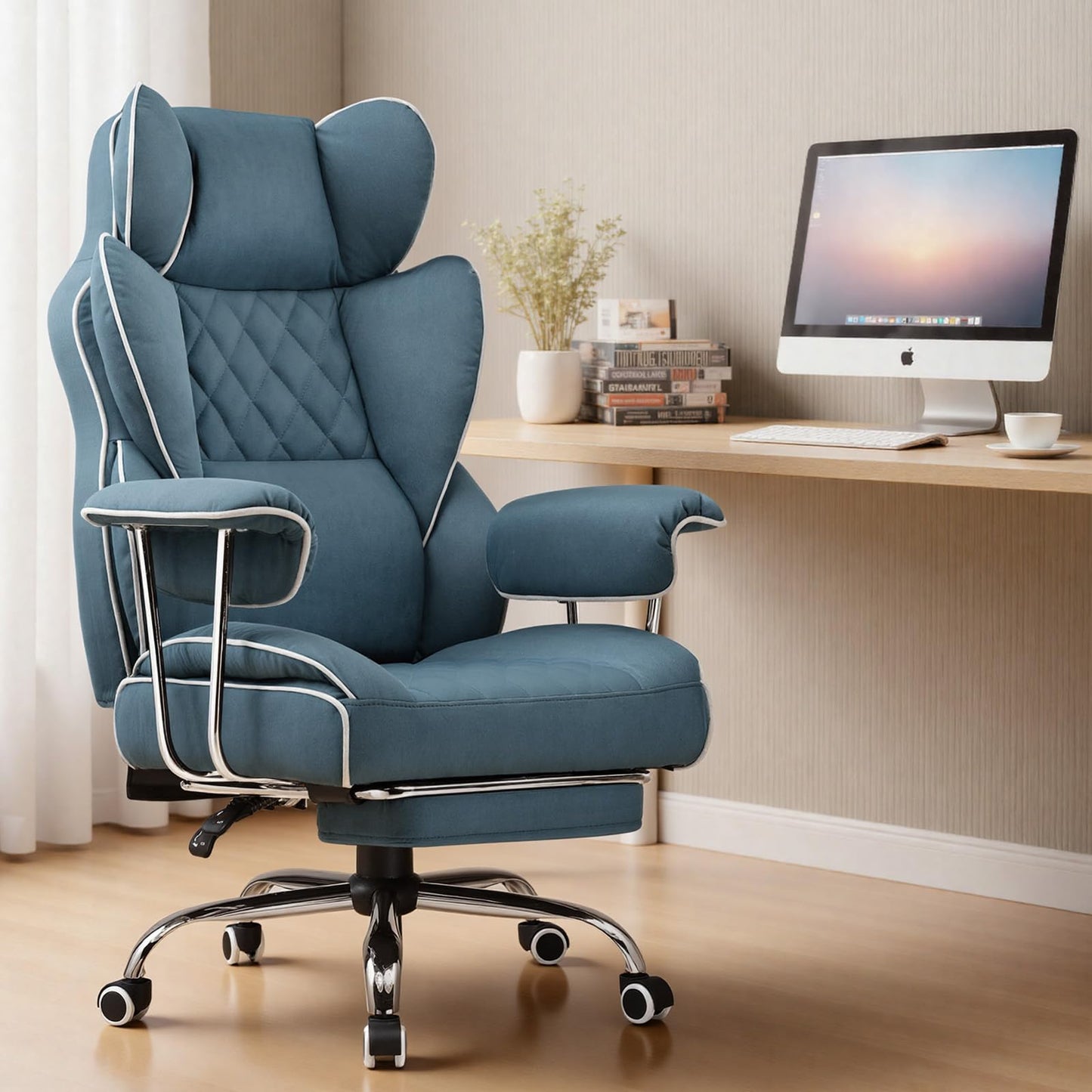 COMHOMA Big and Tall Gaming Chair with Pocket Spring Lumbar Support, Ergonomic Office Chair with Footrest, Executive Desk Chair with Outward Fixed Soft Armrests, Computer Chair with High Back, Blue