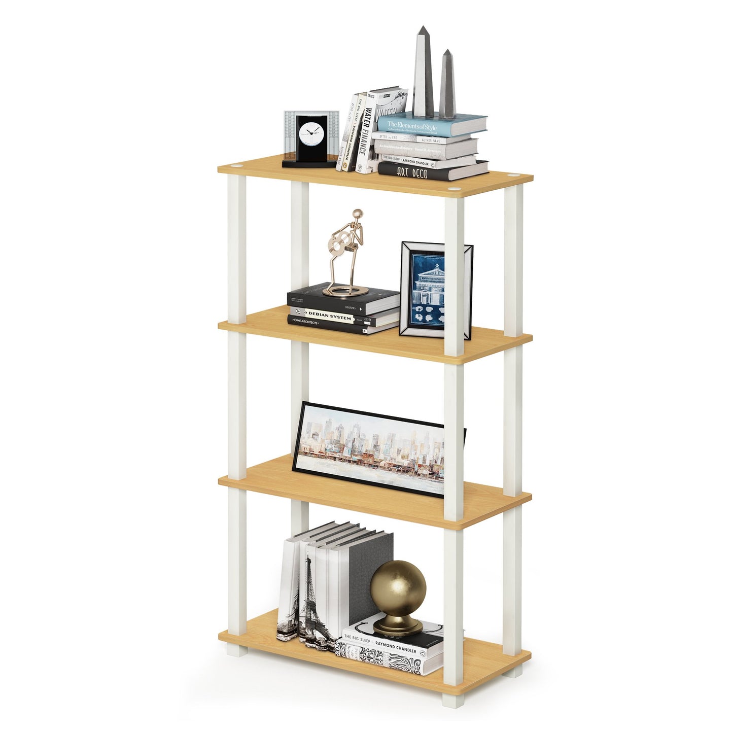 Furinno TURN-S-TUBE Storage Shelves, 4-Tier Book Shelf, Corner Shelf, Toolless Open Shelves, for Organization and Storage, Living Room, Garage, Home Office, Beech