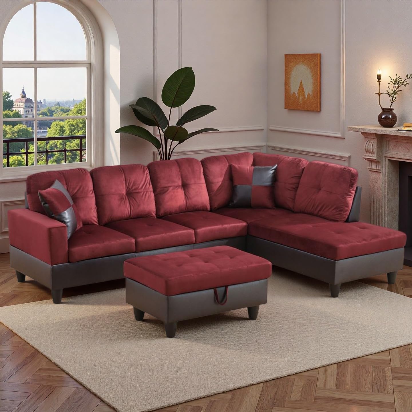 NicBex Sectional Couch 3 Pieces Sofa Set, L-Shaped Modular Couches for Living Room, Furniture Sets with Lounge Chaise & Storage Ottoman, Multi-Scene Use for Apartment & Office, Red+Black